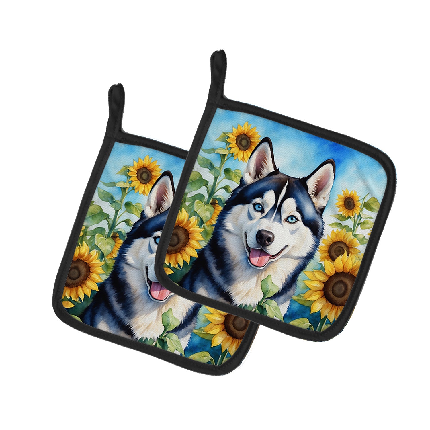 Siberian Husky in Sunflowers Pair of Pot Holders Kitchen Heat Resistant Pot Holders Sets Oven Hot Pads for Cooking Baking BBQ, 7 1/2 x 7 1/2