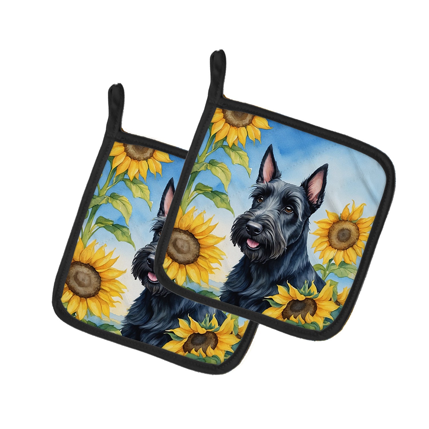 Scottish Terrier in Sunflowers Pair of Pot Holders Kitchen Heat Resistant Pot Holders Sets Oven Hot Pads for Cooking Baking BBQ, 7 1/2 x 7 1/2