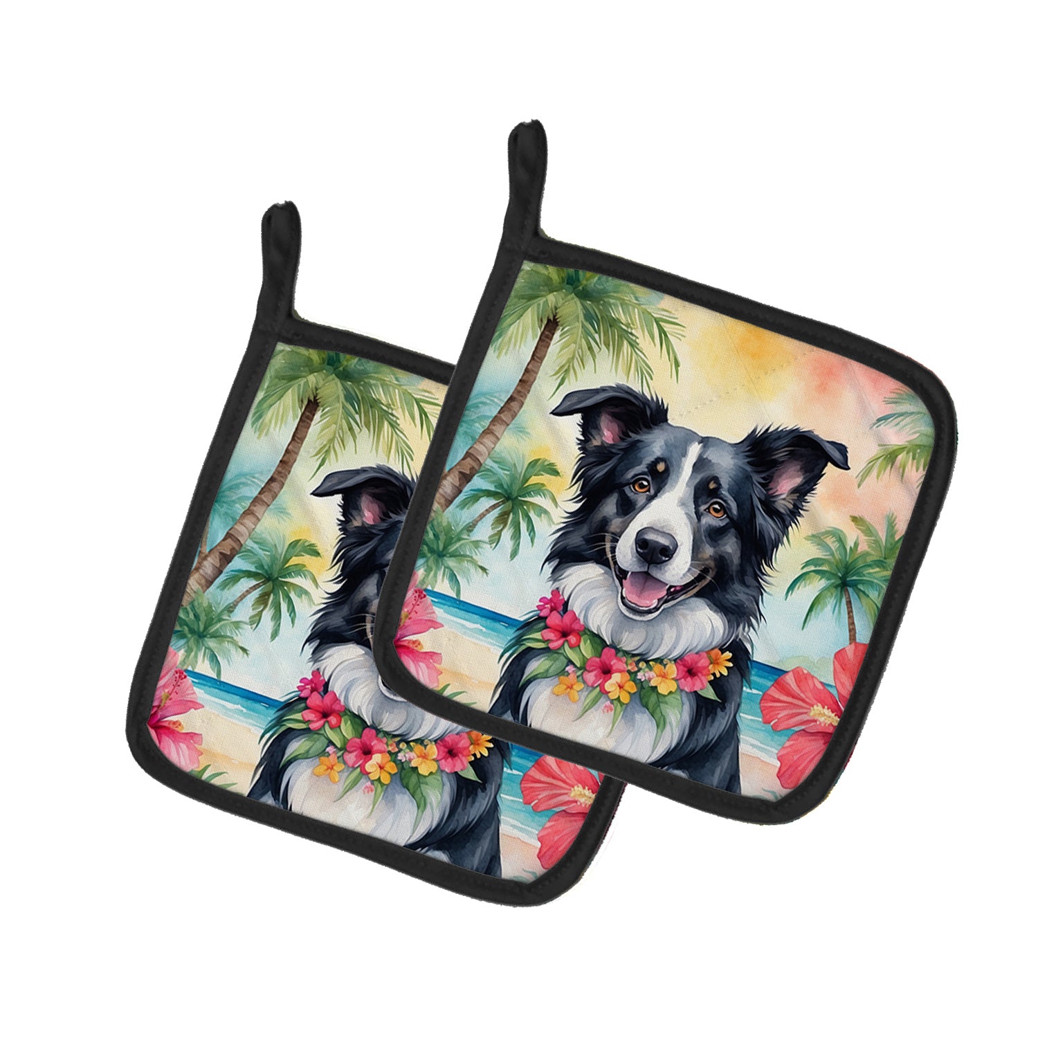 Border Collie Luau Pair of Pot Holders Kitchen Heat Resistant Pot Holders Sets Oven Hot Pads for Cooking Baking BBQ, 7 1/2 x 7 1/2