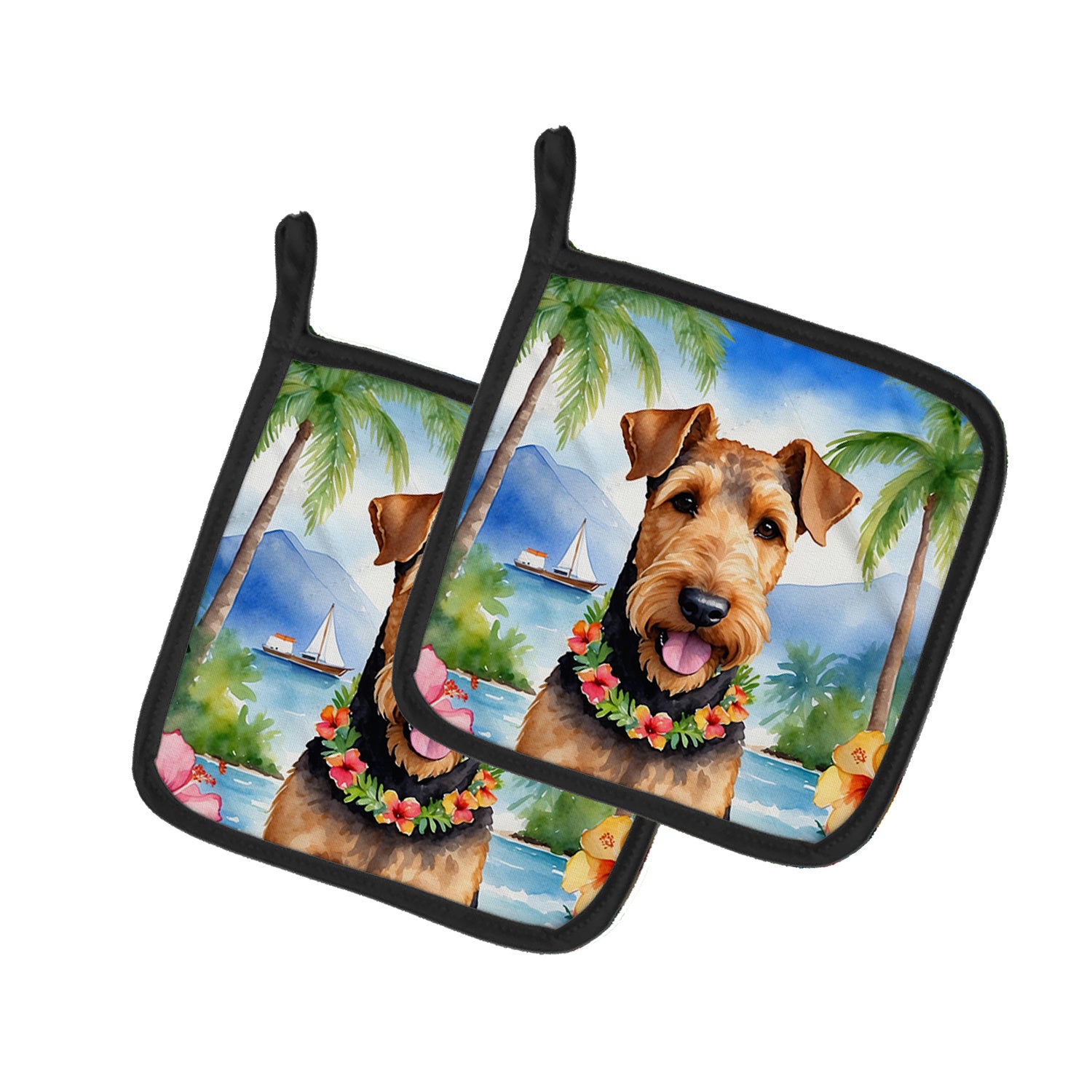 Airedale Terrier Luau Pair of Pot Holders Kitchen Heat Resistant Pot Holders Sets Oven Hot Pads for Cooking Baking BBQ, 7 1/2 x 7 1/2