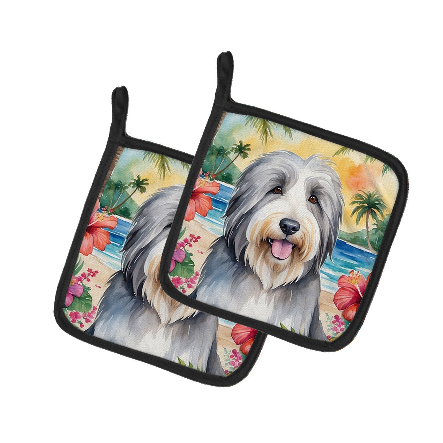 Bearded Collie Luau Pair of Pot Holders Kitchen Heat Resistant Pot Holders Sets Oven Hot Pads for Cooking Baking BBQ, 7 1/2 x 7 1/2