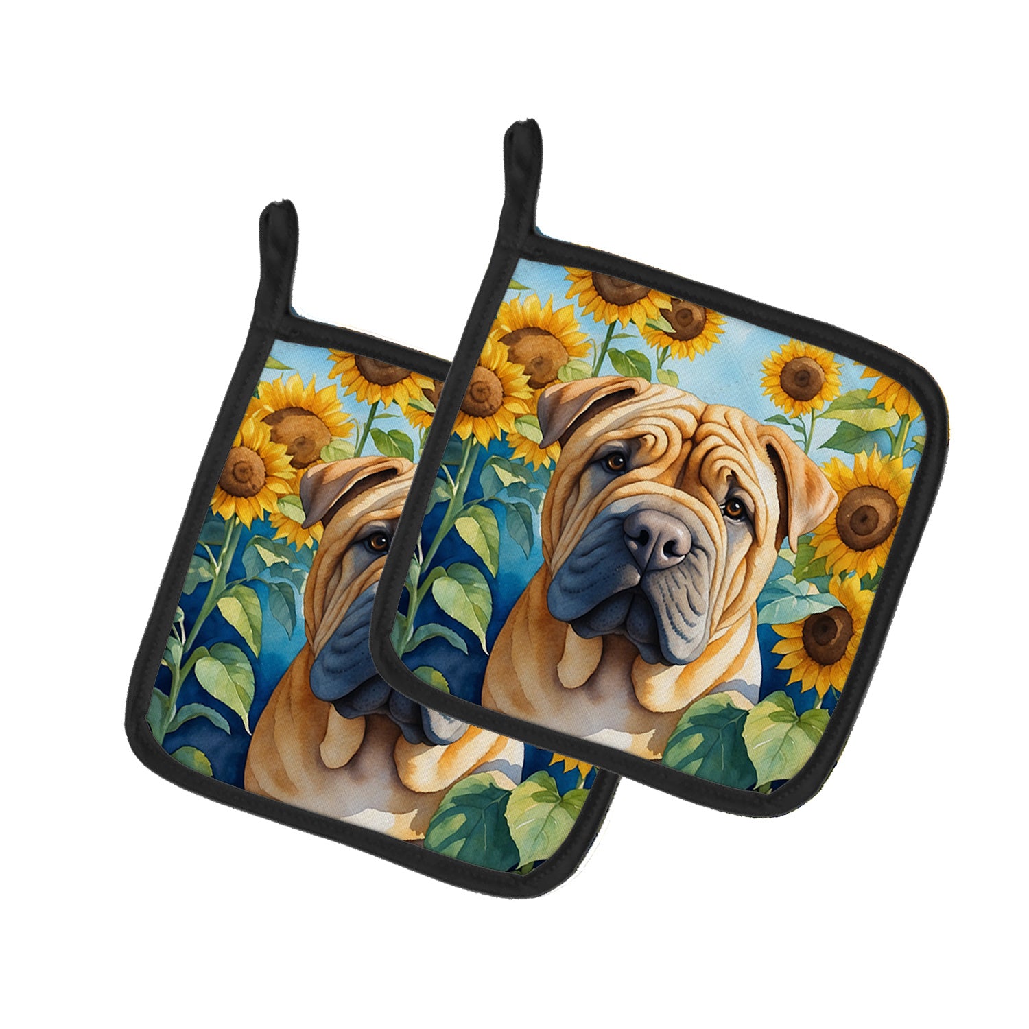 Shar Pei in Sunflowers Pair of Pot Holders Kitchen Heat Resistant Pot Holders Sets Oven Hot Pads for Cooking Baking BBQ, 7 1/2 x 7 1/2