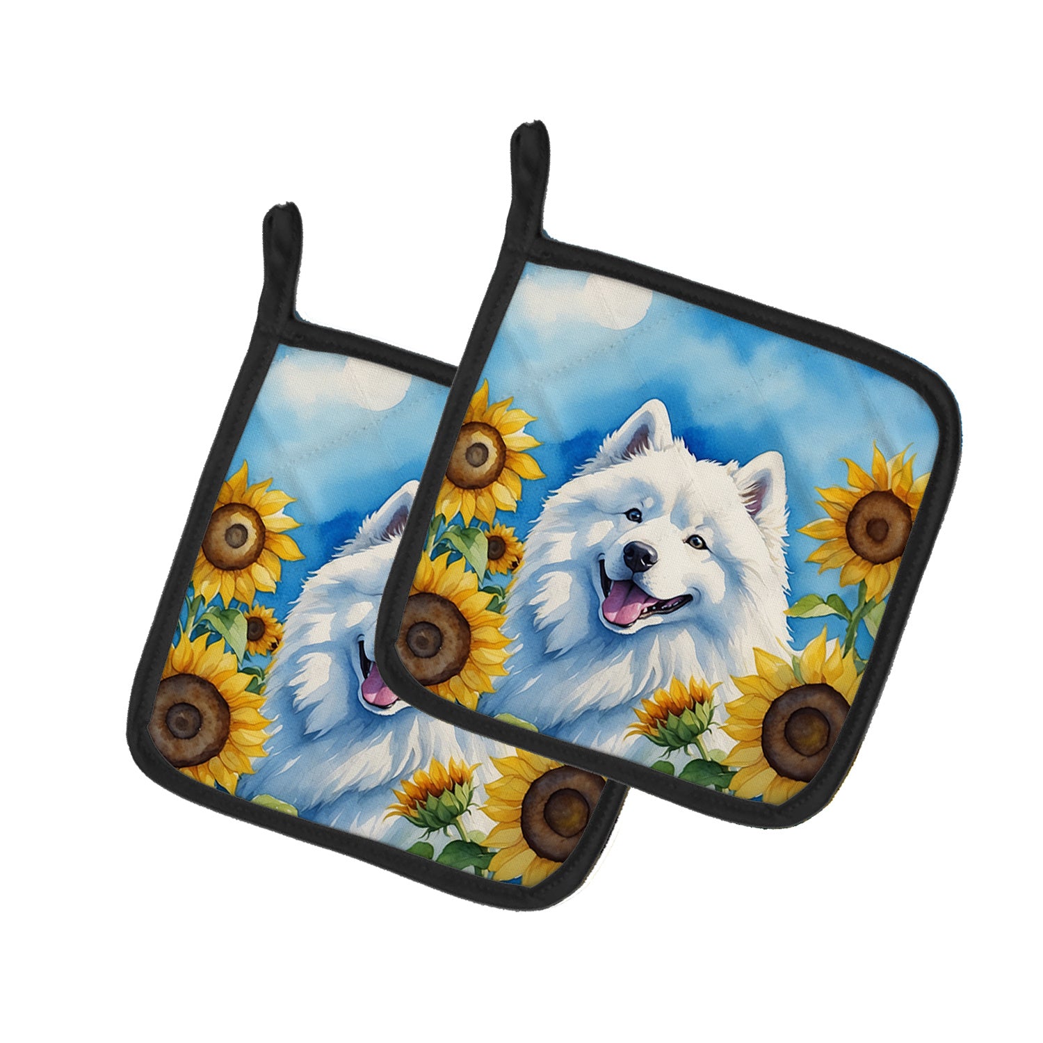 Samoyed in Sunflowers Pair of Pot Holders Kitchen Heat Resistant Pot Holders Sets Oven Hot Pads for Cooking Baking BBQ, 7 1/2 x 7 1/2