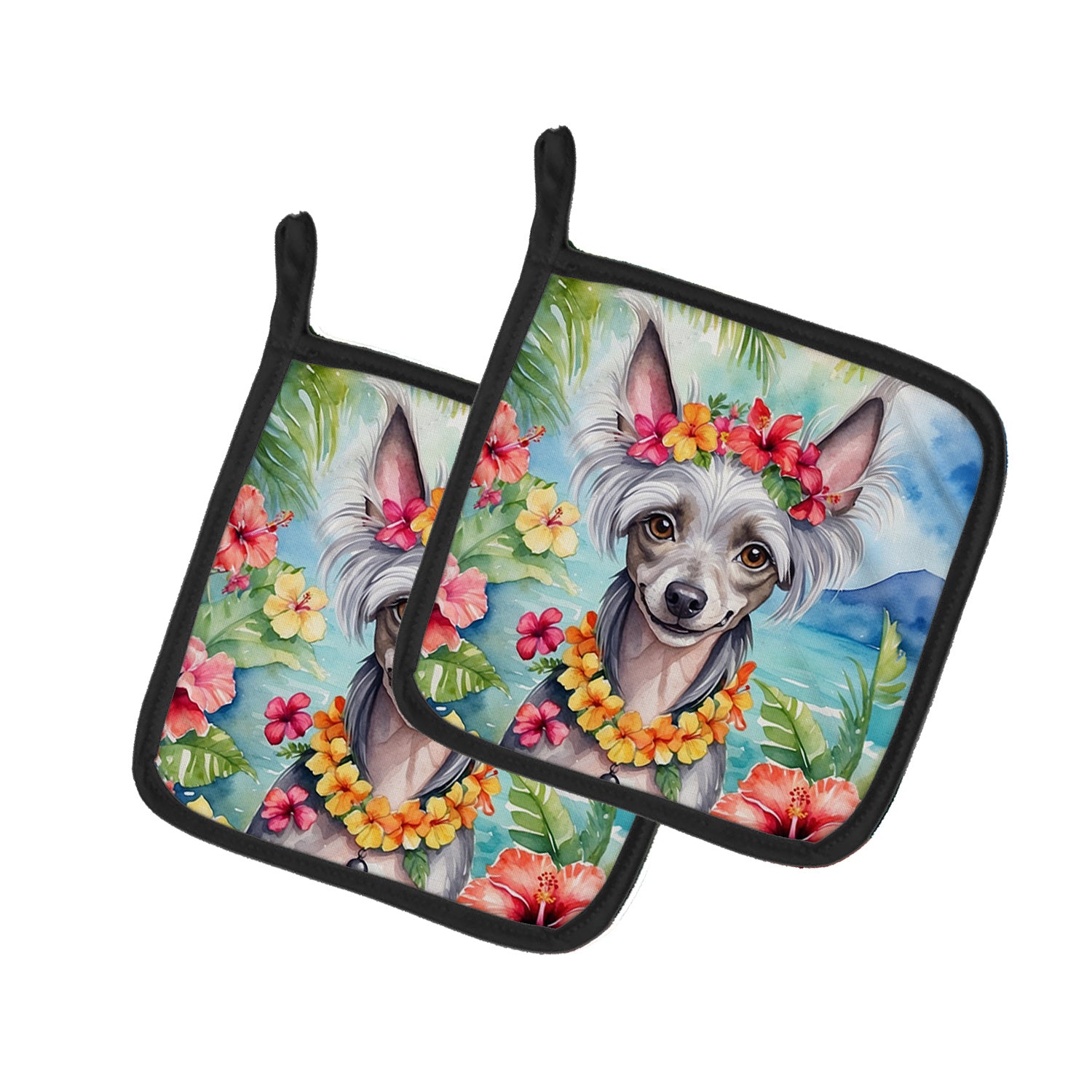 Chinese Crested Luau Pair of Pot Holders Kitchen Heat Resistant Pot Holders Sets Oven Hot Pads for Cooking Baking BBQ, 7 1/2 x 7 1/2