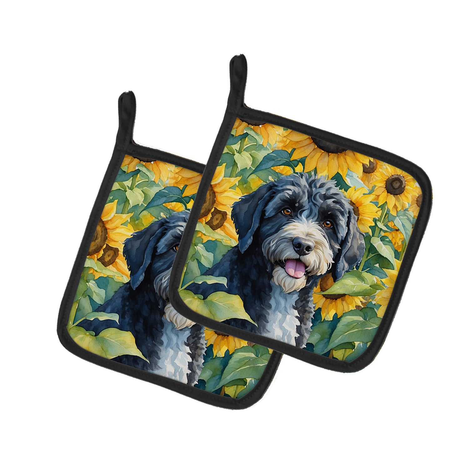 Portuguese Water Dog in Sunflowers Pair of Pot Holders Kitchen Heat Resistant Pot Holders Sets Oven Hot Pads for Cooking Baking BBQ, 7 1/2 x 7 1/2