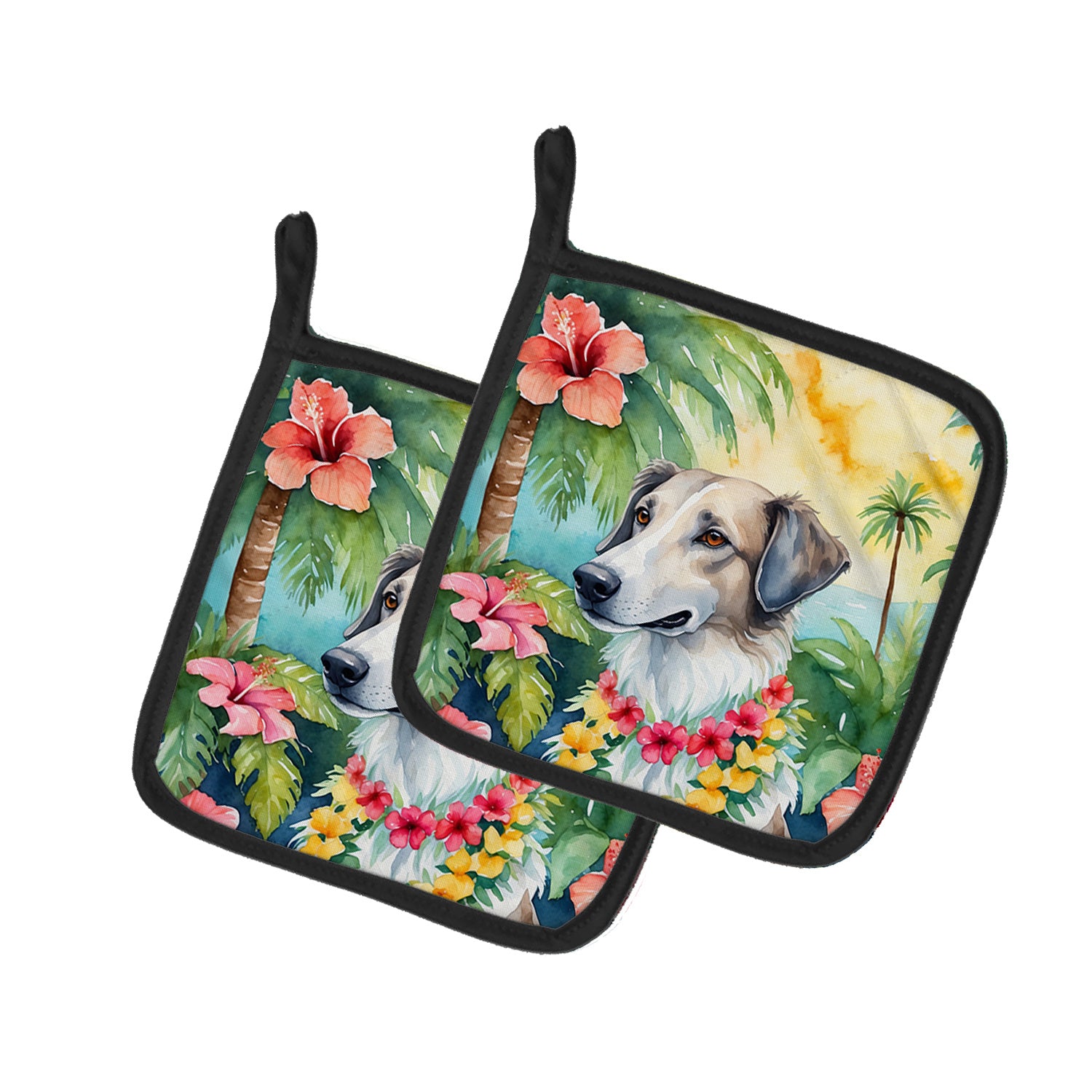 Borzoi Luau Pair of Pot Holders Kitchen Heat Resistant Pot Holders Sets Oven Hot Pads for Cooking Baking BBQ, 7 1/2 x 7 1/2