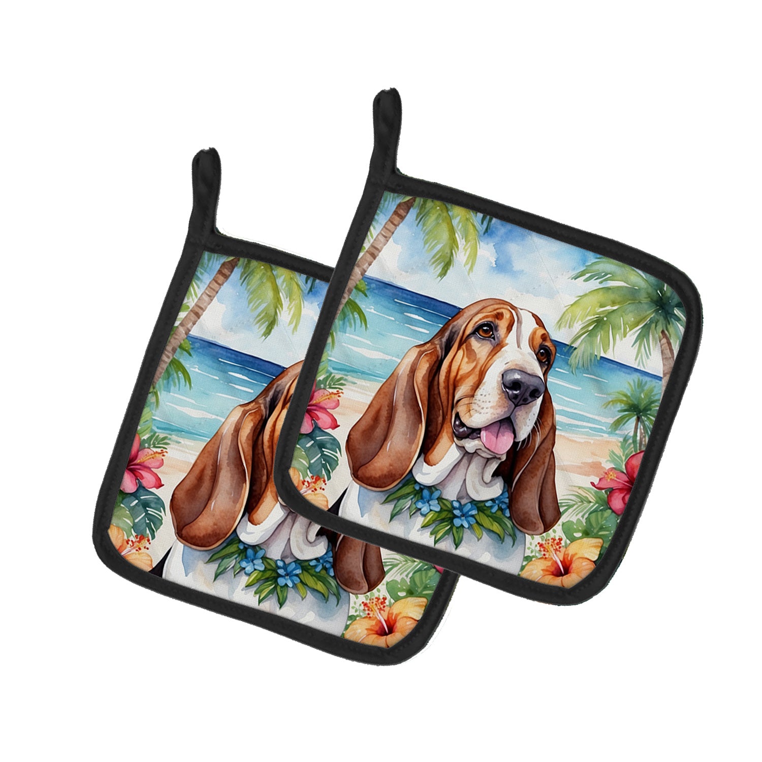 Basset Hound Luau Pair of Pot Holders Kitchen Heat Resistant Pot Holders Sets Oven Hot Pads for Cooking Baking BBQ, 7 1/2 x 7 1/2