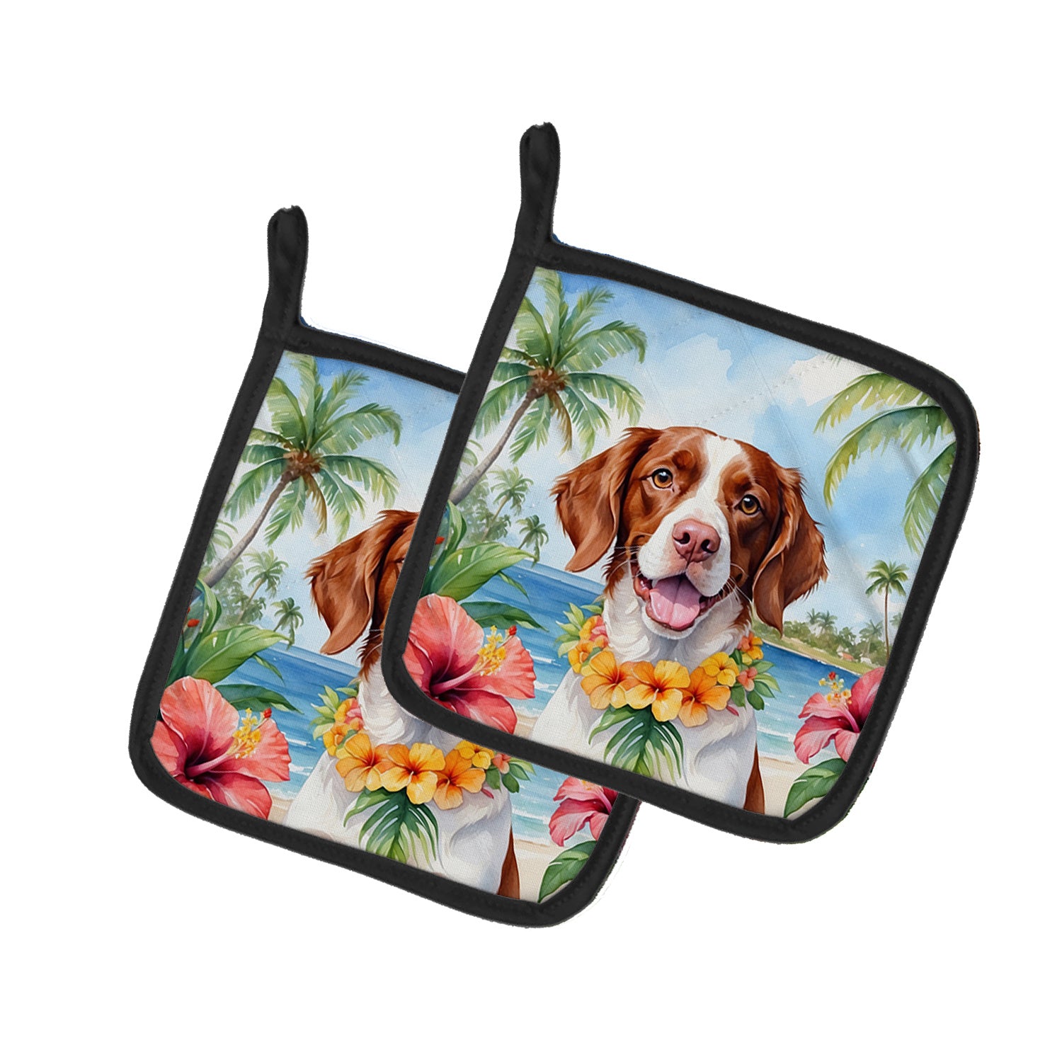 Brittany Spaniel Luau Pair of Pot Holders Kitchen Heat Resistant Pot Holders Sets Oven Hot Pads for Cooking Baking BBQ, 7 1/2 x 7 1/2