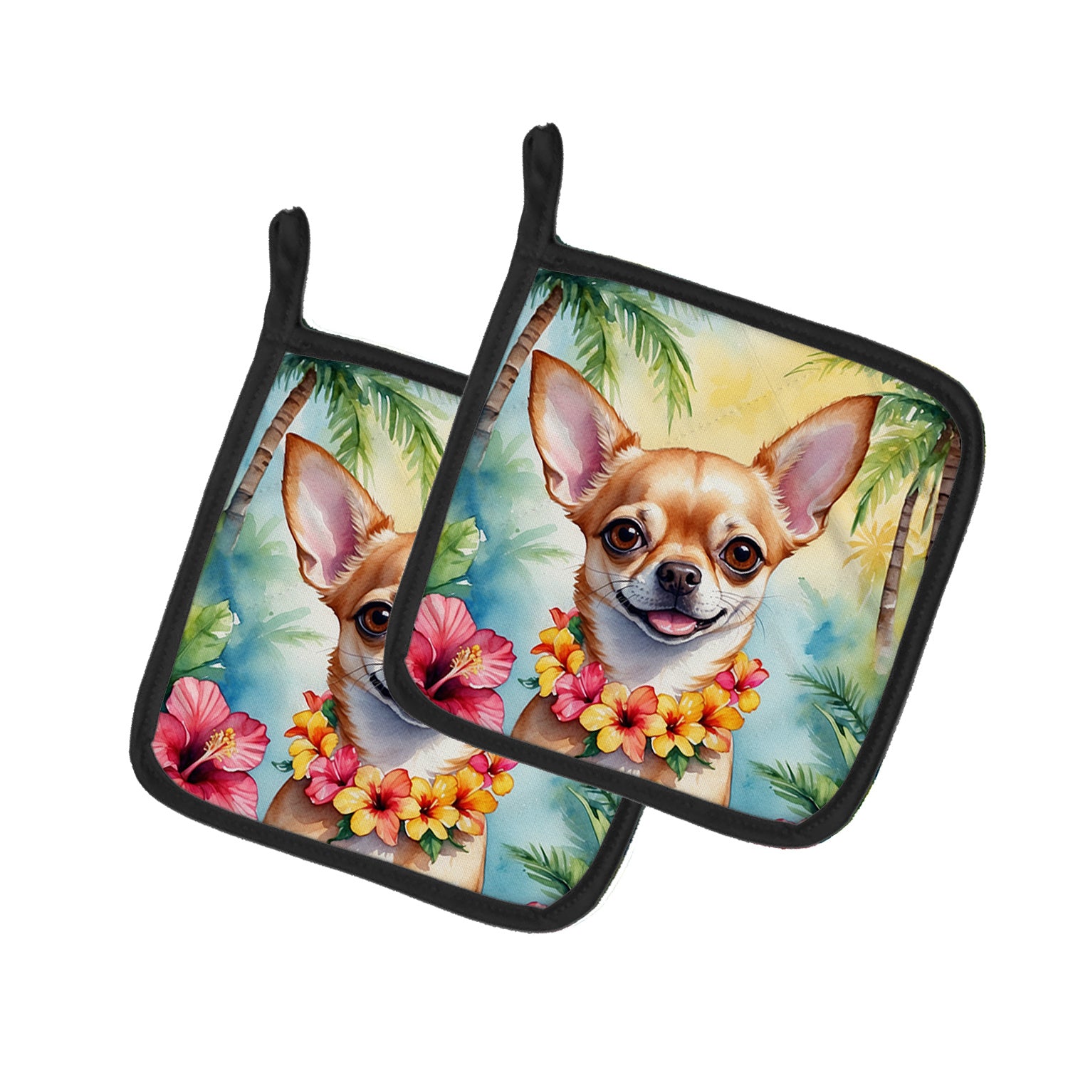 Chihuahua Luau Pair of Pot Holders Kitchen Heat Resistant Pot Holders Sets Oven Hot Pads for Cooking Baking BBQ, 7 1/2 x 7 1/2