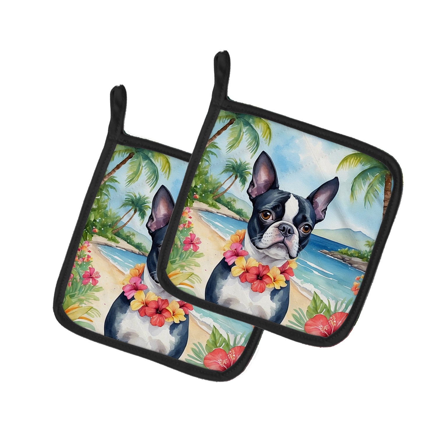 Boston Terrier Luau Pair of Pot Holders Kitchen Heat Resistant Pot Holders Sets Oven Hot Pads for Cooking Baking BBQ, 7 1/2 x 7 1/2