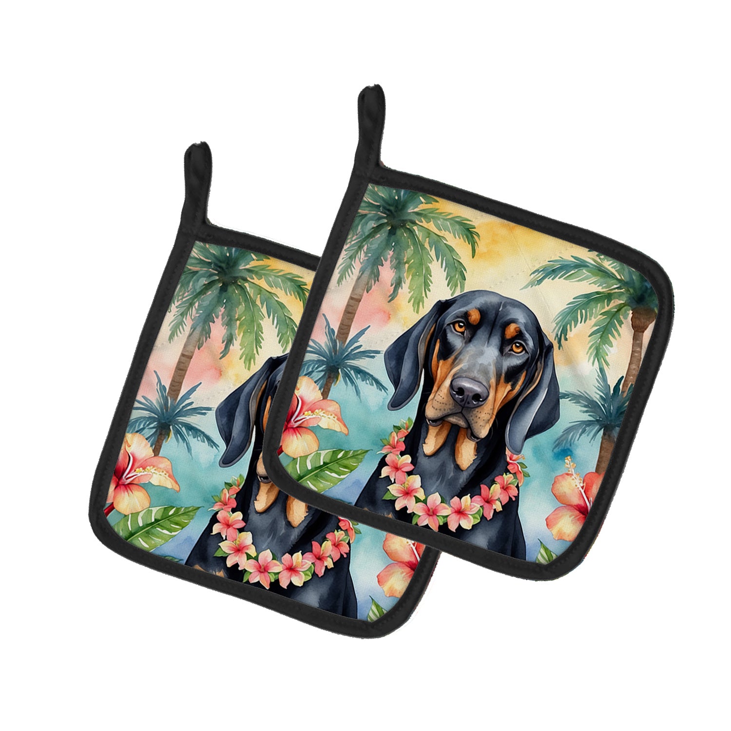 Black and Tan Coonhound Luau Pair of Pot Holders Kitchen Heat Resistant Pot Holders Sets Oven Hot Pads for Cooking Baking BBQ, 7 1/2 x 7 1/2