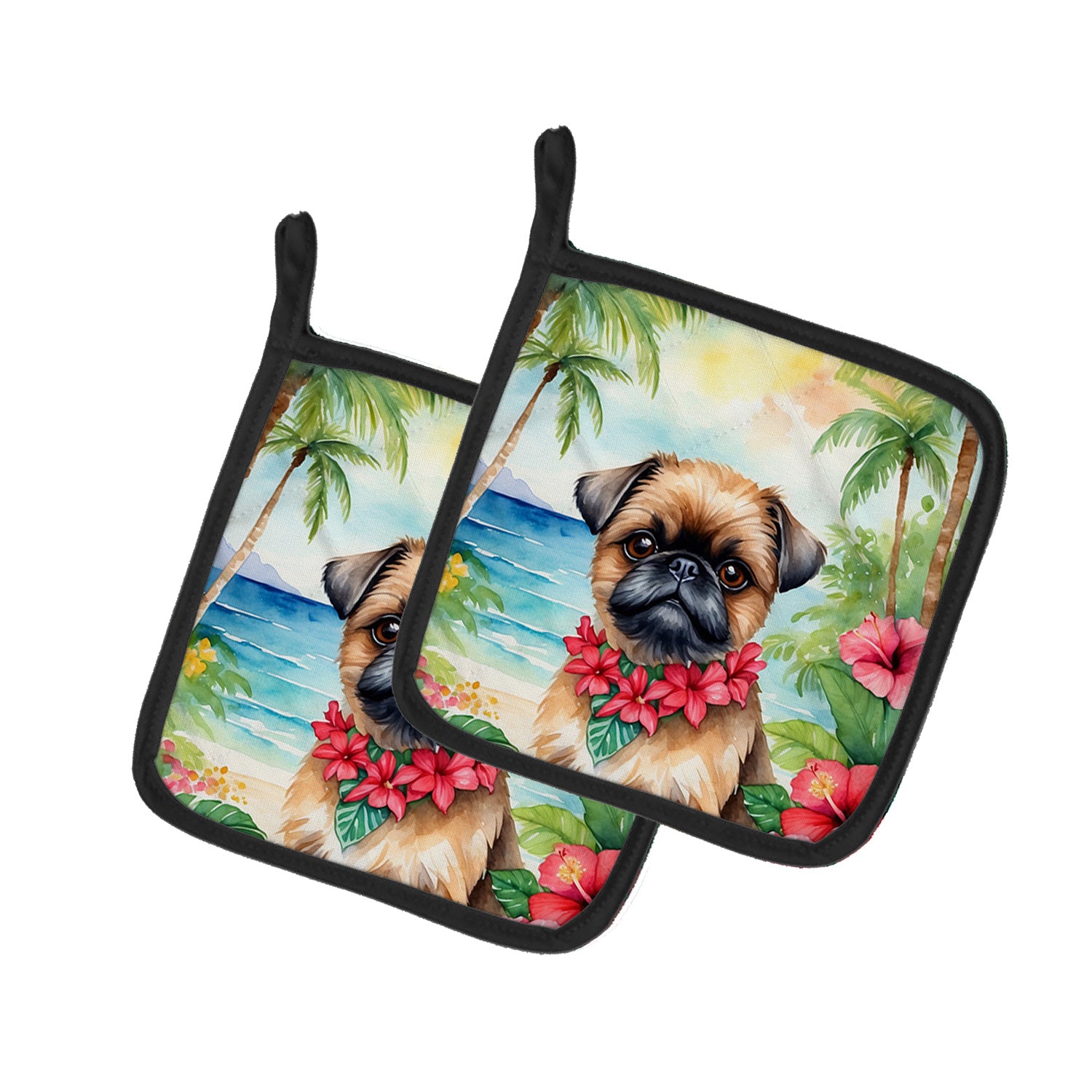 Brussels Griffon Luau Pair of Pot Holders Kitchen Heat Resistant Pot Holders Sets Oven Hot Pads for Cooking Baking BBQ, 7 1/2 x 7 1/2