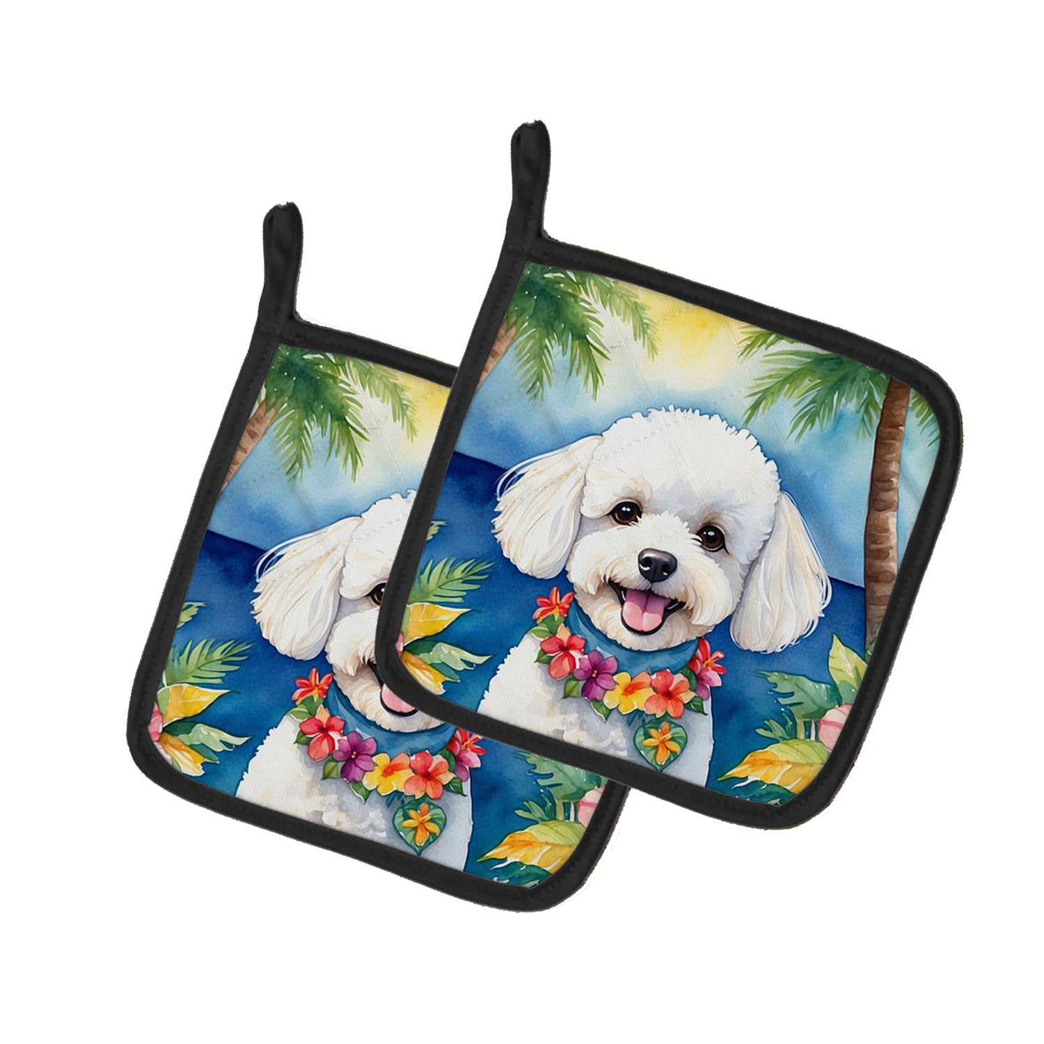 Bichon Frise Luau Pair of Pot Holders Kitchen Heat Resistant Pot Holders Sets Oven Hot Pads for Cooking Baking BBQ, 7 1/2 x 7 1/2