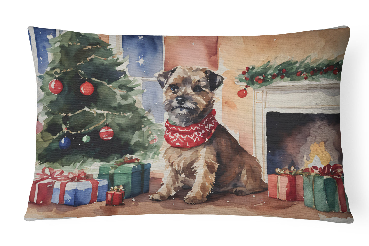 Waiting on Christmas Throw Pillow Throw Pillow for Indoor Couch Bed Outdoor Patio Washable, Border Terrier 1273,12Hx16W