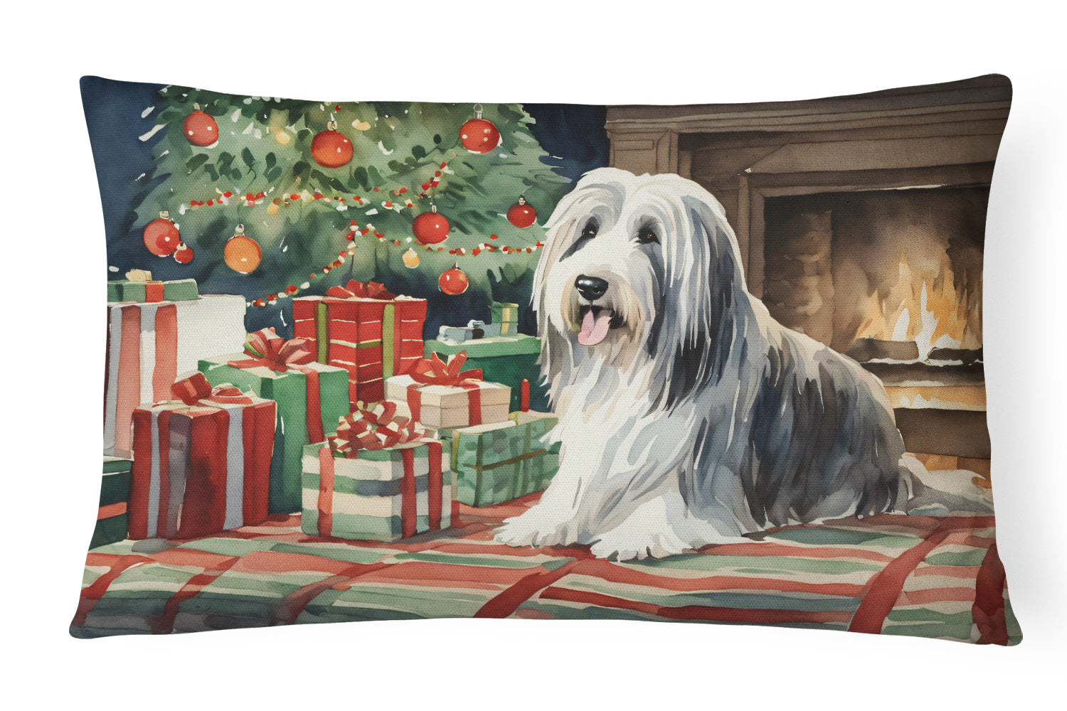 Waiting on Christmas Throw Pillow Throw Pillow for Indoor Couch Bed Outdoor Patio Washable, Bearded Collie 1249,12Hx16W