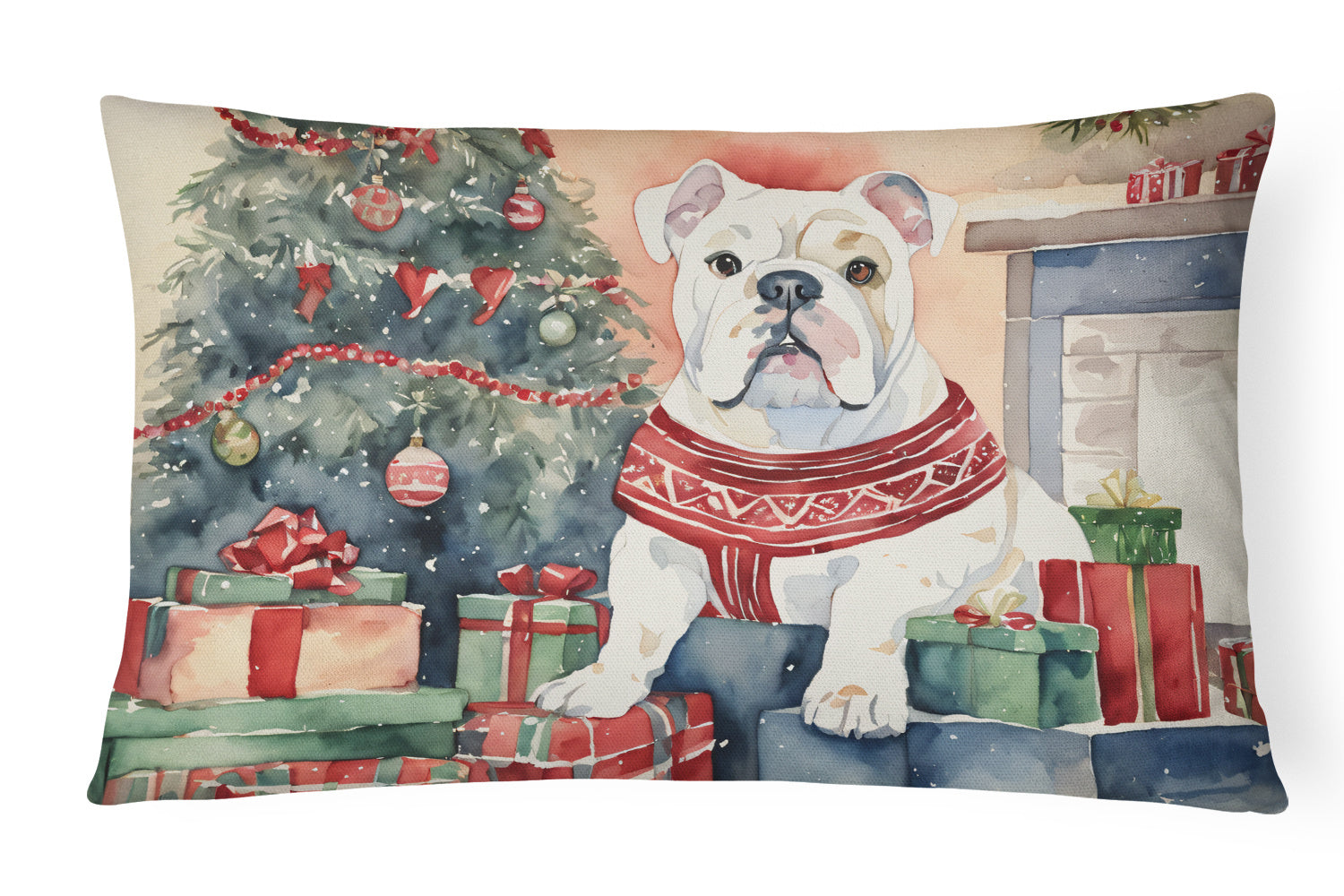 Waiting on Christmas Throw Pillow Throw Pillow for Indoor Couch Bed Outdoor Patio Washable, English Bulldog White 1301,12Hx16W