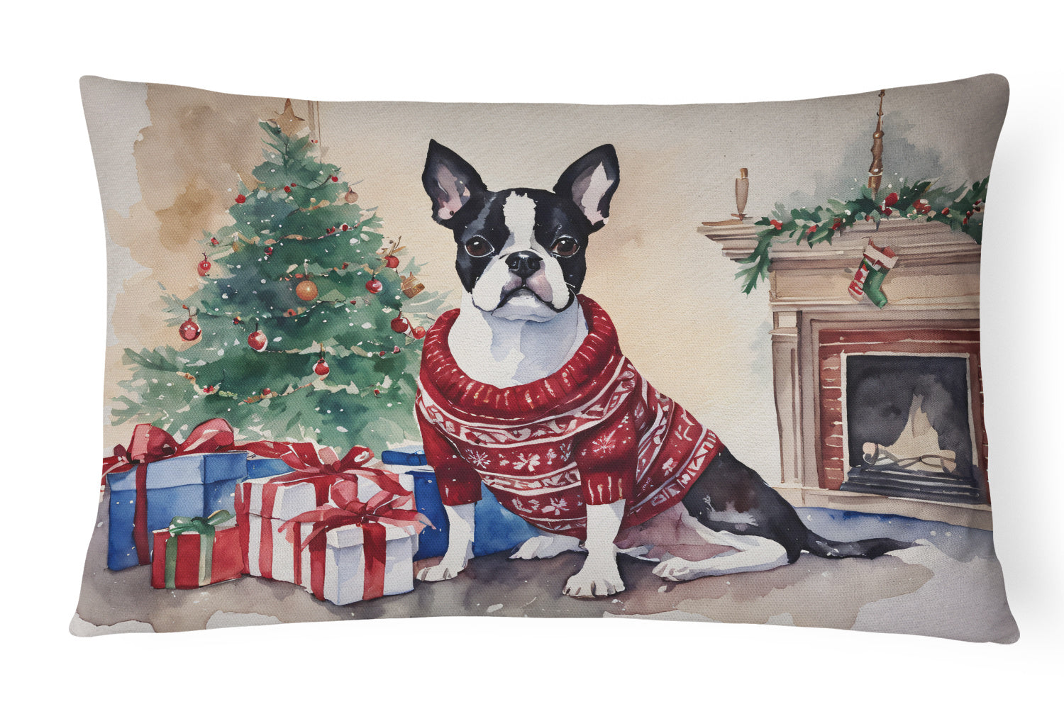 Waiting on Christmas Throw Pillow Throw Pillow for Indoor Couch Bed Outdoor Patio Washable, Boston Terrier 1277,12Hx16W