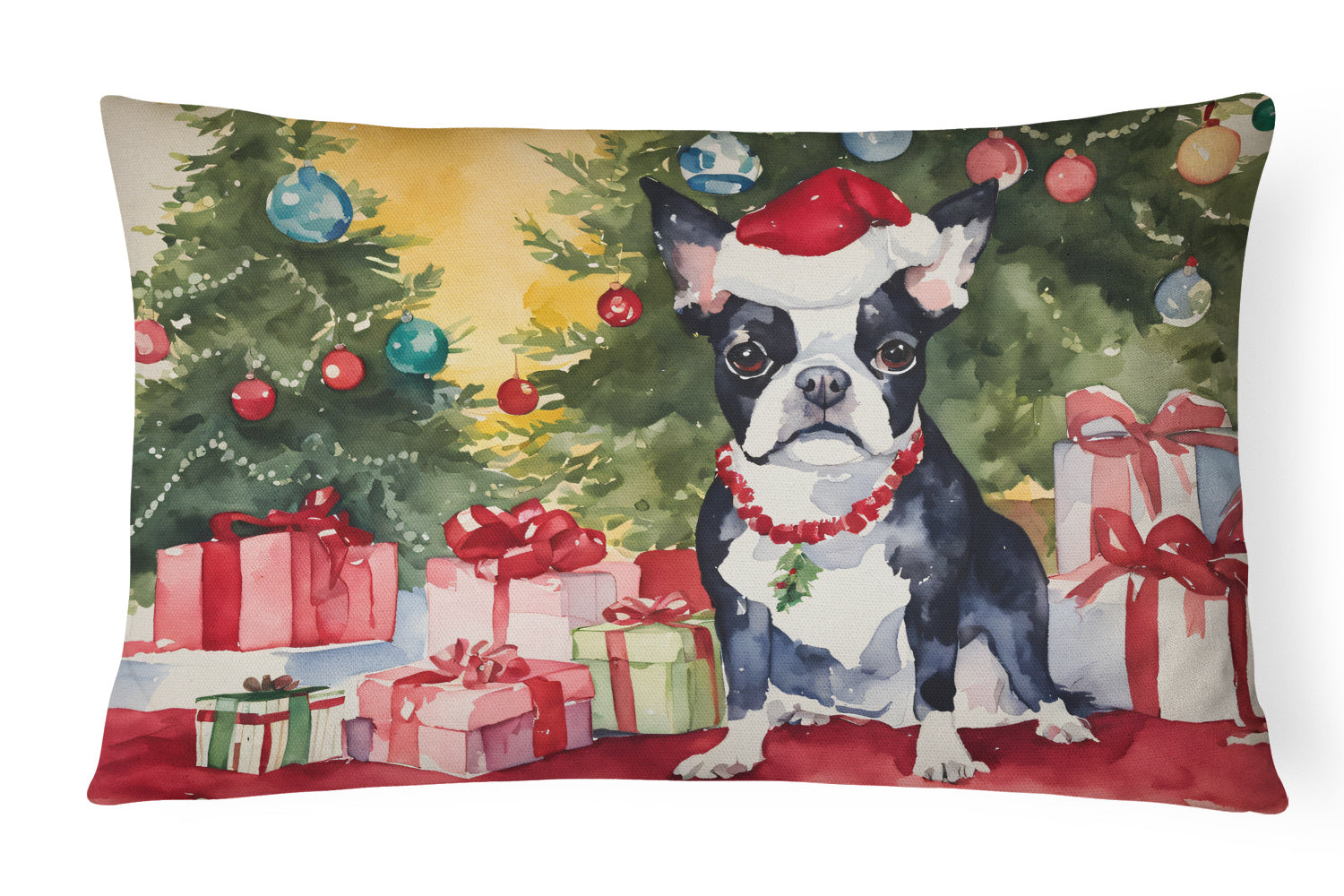 Waiting on Christmas Throw Pillow Throw Pillow for Indoor Couch Bed Outdoor Patio Washable, Boston Terrier 1275,12Hx16W