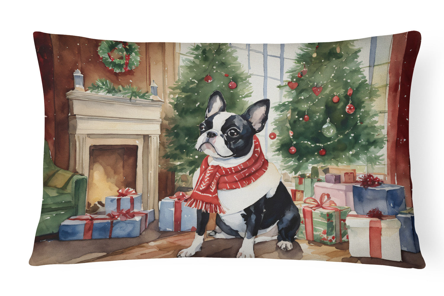 Waiting on Christmas Throw Pillow Throw Pillow for Indoor Couch Bed Outdoor Patio Washable, Boston Terrier 1279,12Hx16W