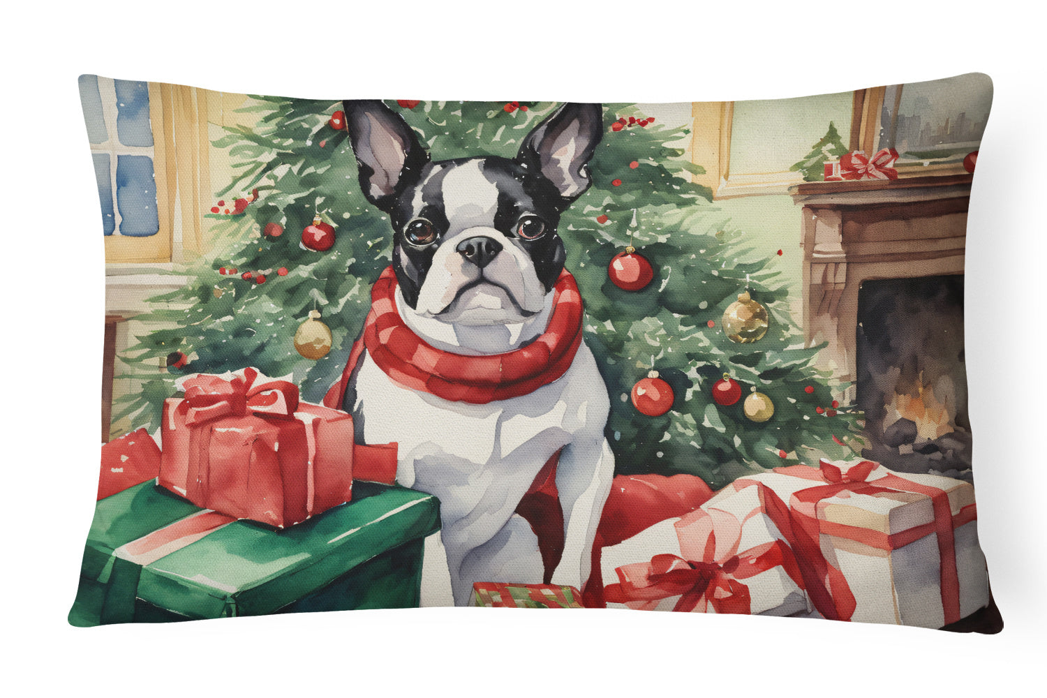 Waiting on Christmas Throw Pillow Throw Pillow for Indoor Couch Bed Outdoor Patio Washable, Boston Terrier 1280,12Hx16W