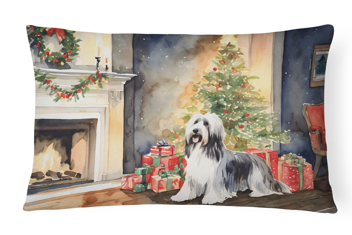 Waiting on Christmas Throw Pillow Throw Pillow for Indoor Couch Bed Outdoor Patio Washable, Bearded Collie 1250,12Hx16W