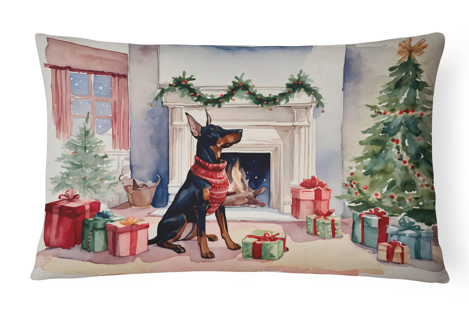 Waiting on Christmas Throw Pillow Throw Pillow for Indoor Couch Bed Outdoor Patio Washable, Doberman Pinscher 1352,12Hx16W