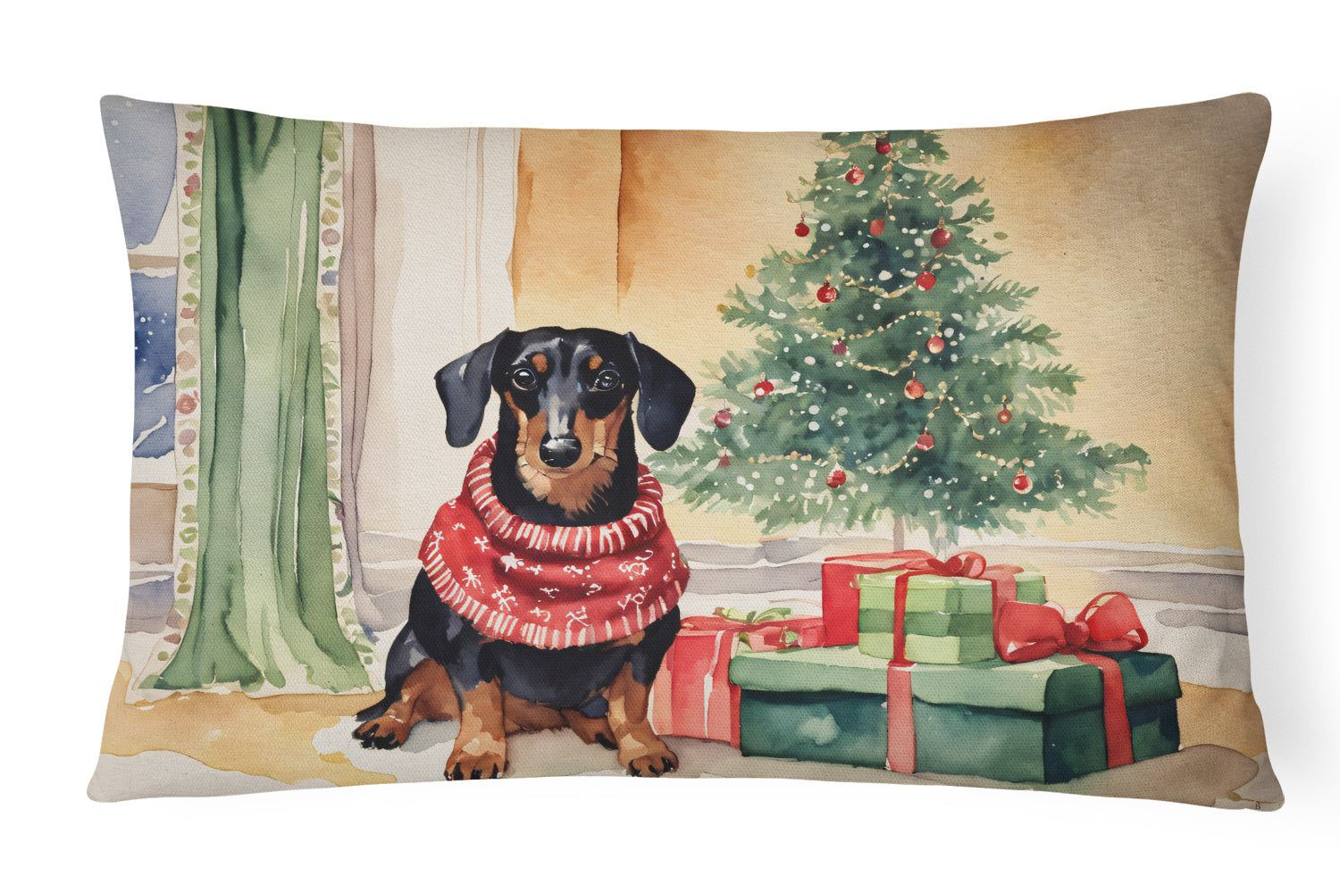 Waiting on Christmas Throw Pillow Throw Pillow for Indoor Couch Bed Outdoor Patio Washable, Dachshund Black and Tan 1343,12Hx16W