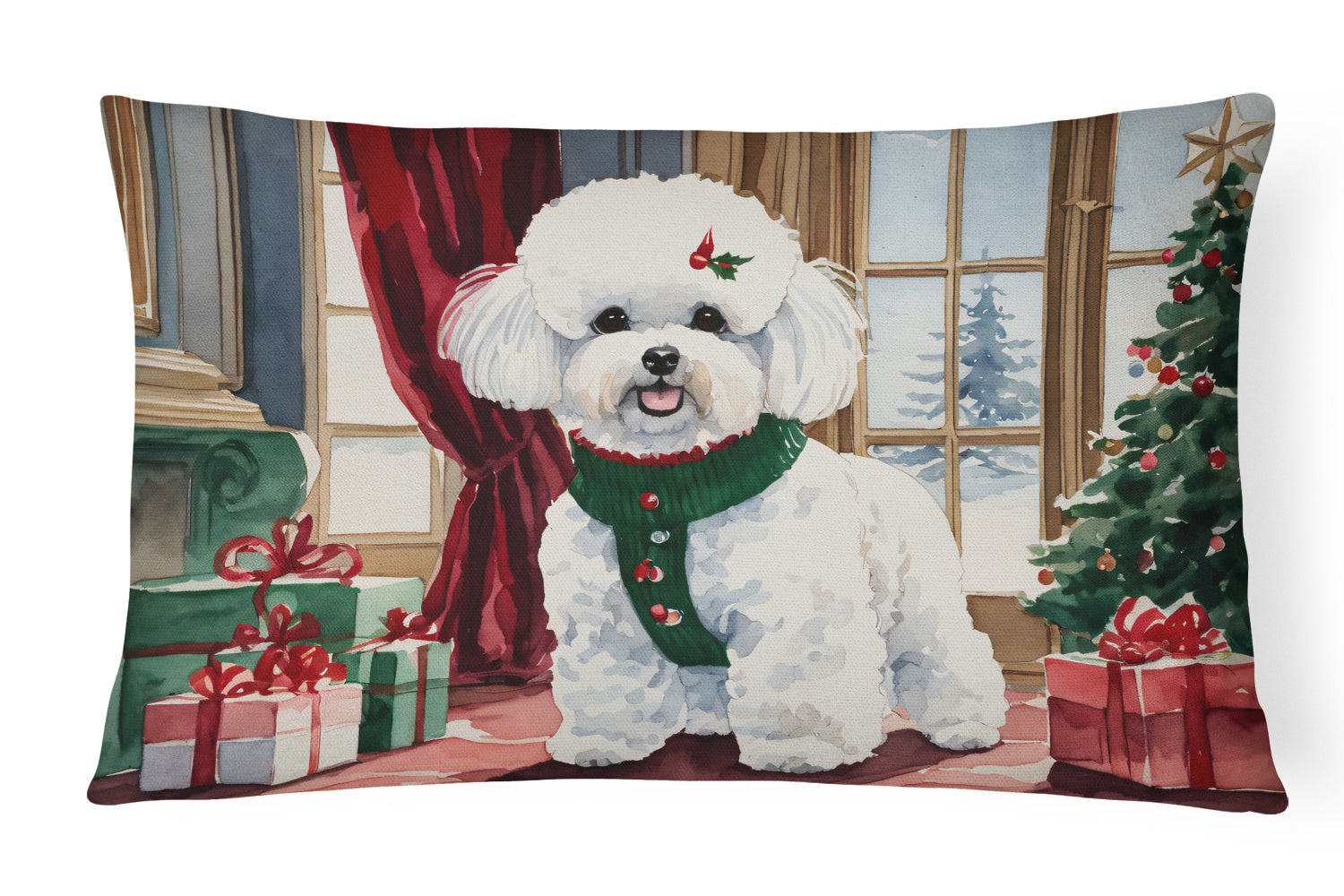 Waiting on Christmas Throw Pillow Throw Pillow for Indoor Couch Bed Outdoor Patio Washable, Bichon Frise 1269,12Hx16W