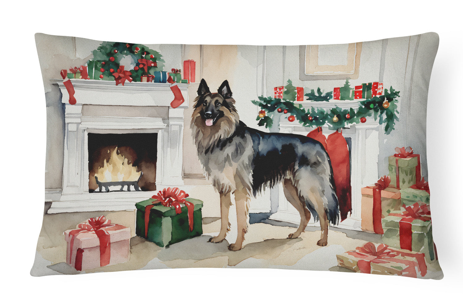 Waiting on Christmas Throw Pillow Throw Pillow for Indoor Couch Bed Outdoor Patio Washable, Belgian Tervuren 1258,12Hx16W