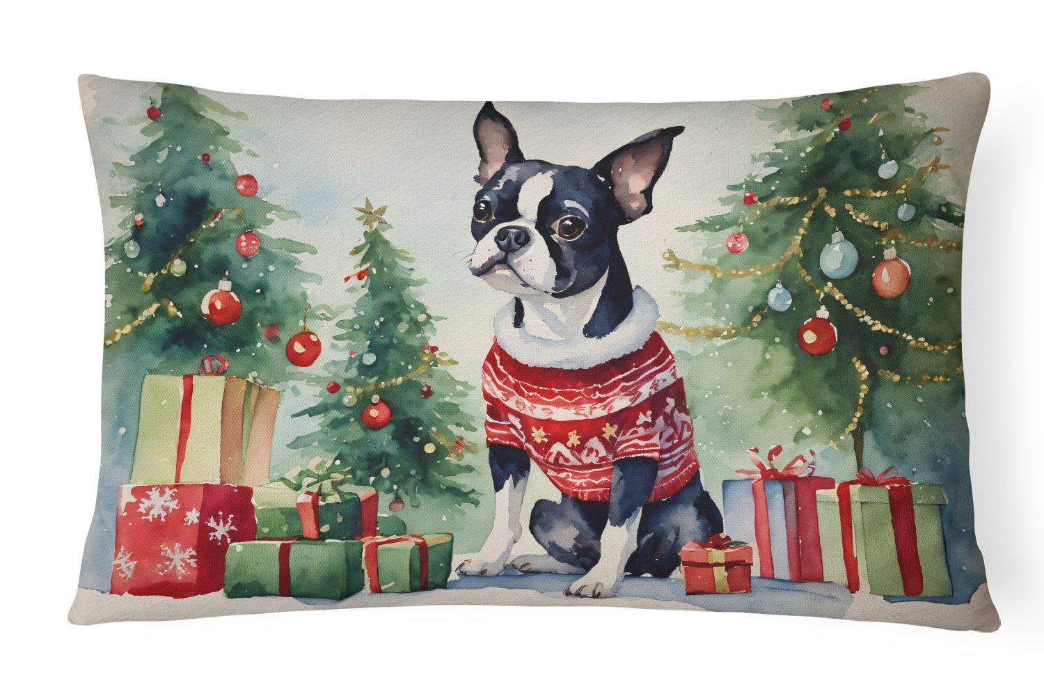 Waiting on Christmas Throw Pillow Throw Pillow for Indoor Couch Bed Outdoor Patio Washable, Boston Terrier 1276,12Hx16W