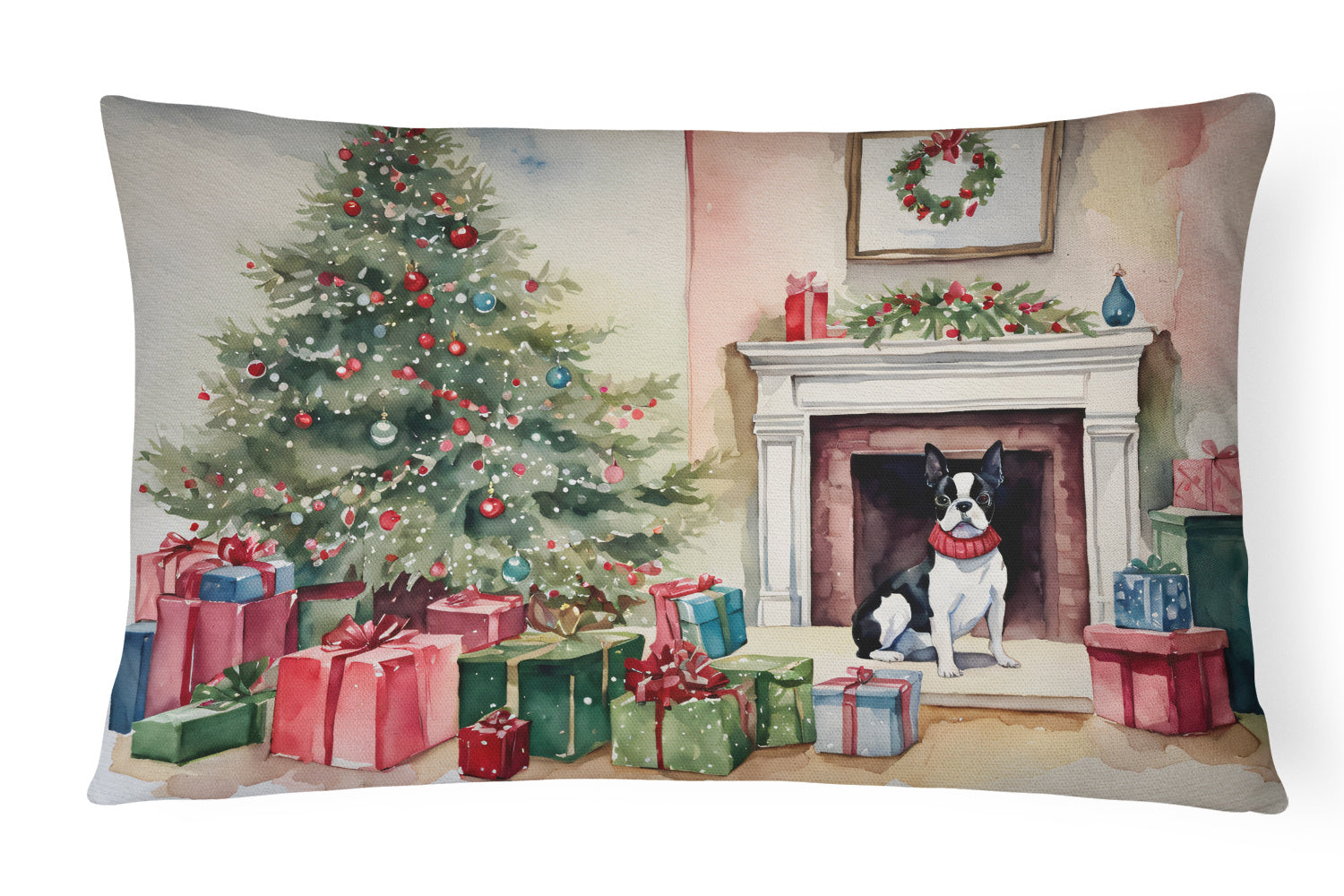 Waiting on Christmas Throw Pillow Throw Pillow for Indoor Couch Bed Outdoor Patio Washable, Boston Terrier 1278,12Hx16W