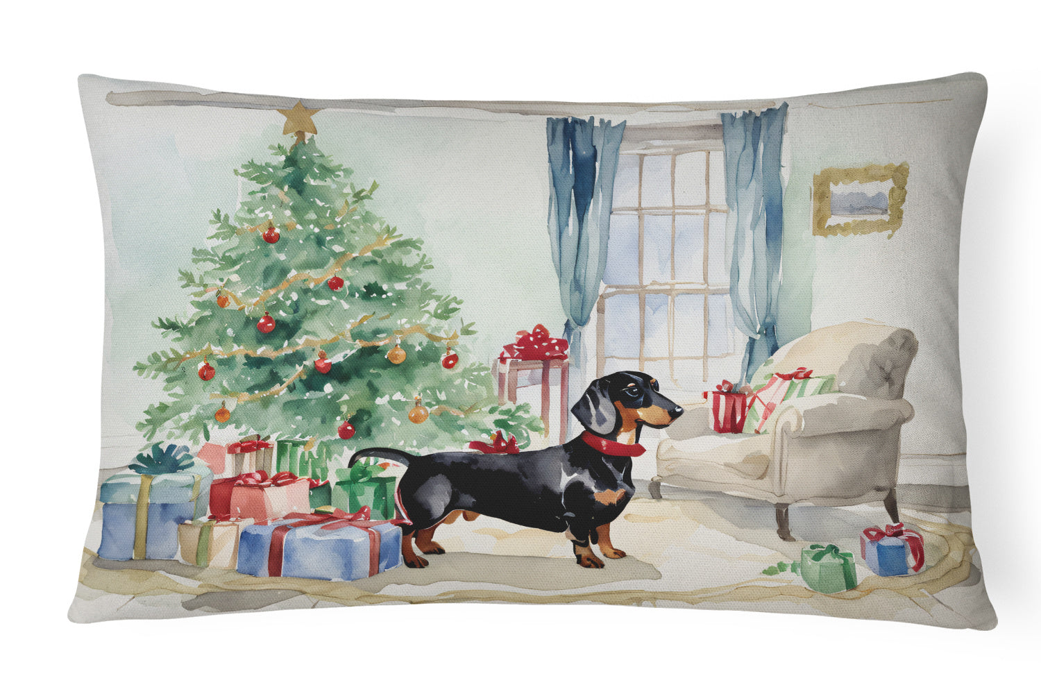 Waiting on Christmas Throw Pillow Throw Pillow for Indoor Couch Bed Outdoor Patio Washable, Dachshund Black and Tan 1342,12Hx16W