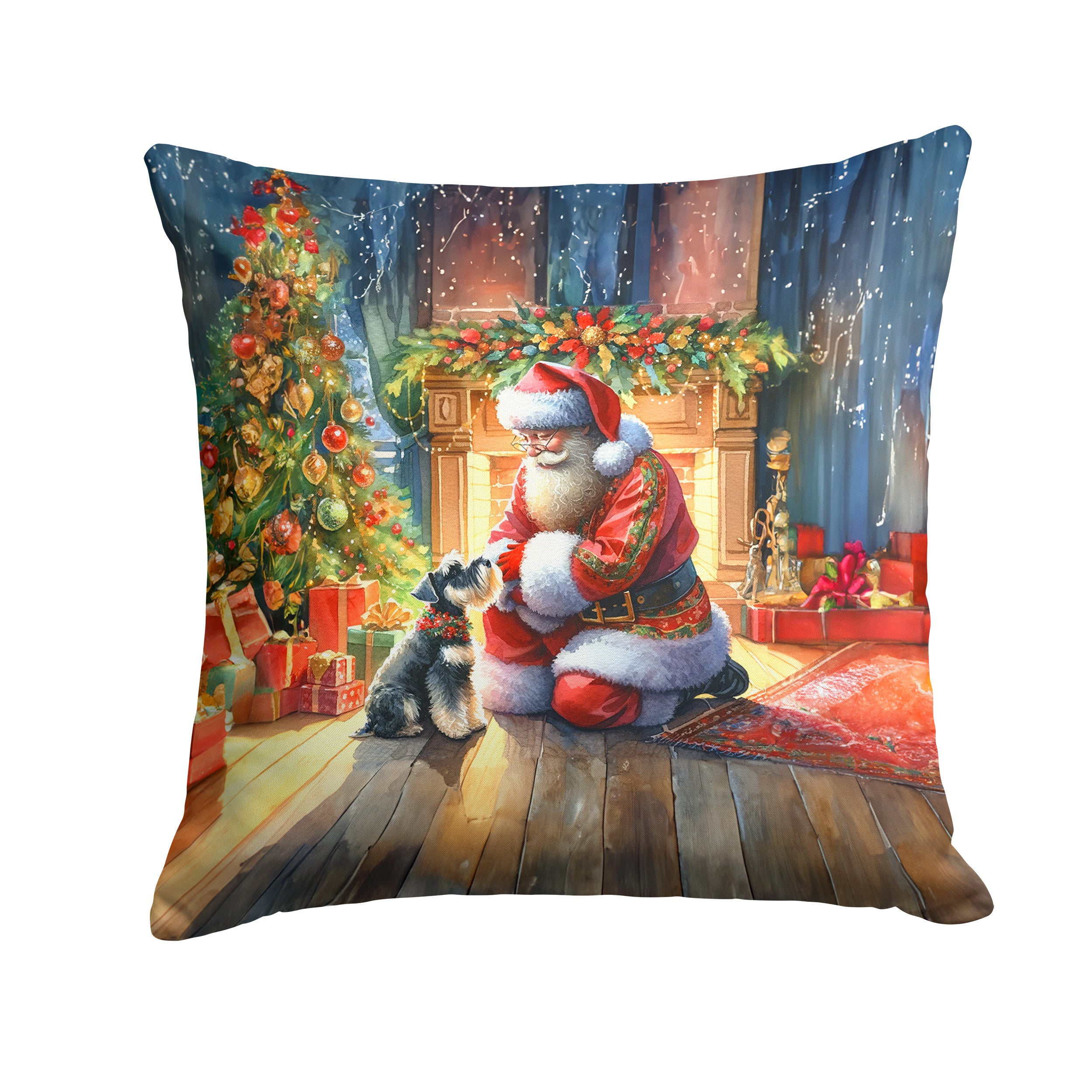 Schnauzer and Santa Claus Throw Pillow Machine Washable, Indoor Outdoor Decorative Pillow for Couch, Bed or Patio, 14Hx14W