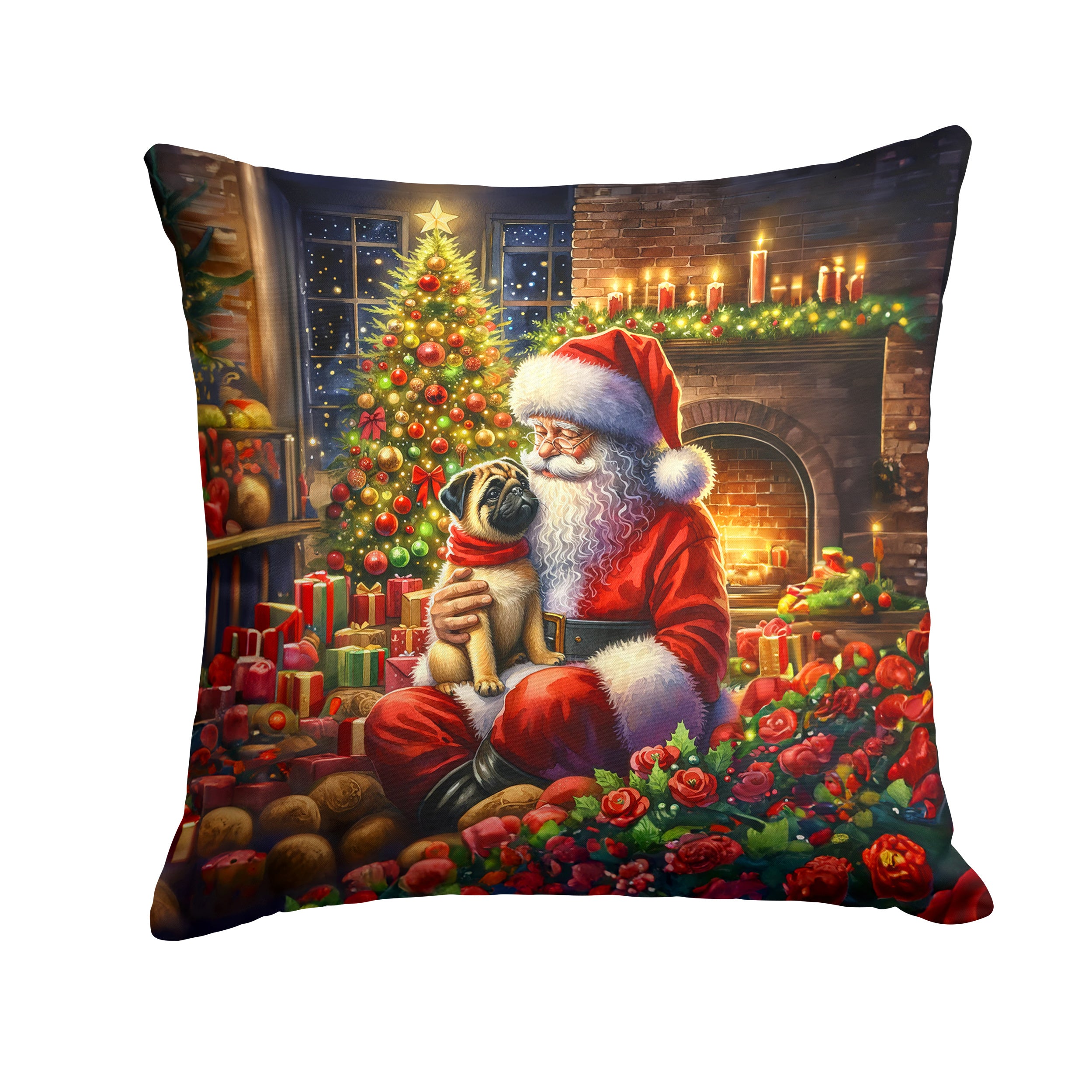 Fawn Pug and Santa Claus Throw Pillow Machine Washable, Indoor Outdoor Decorative Pillow for Couch, Bed or Patio, 14Hx14W