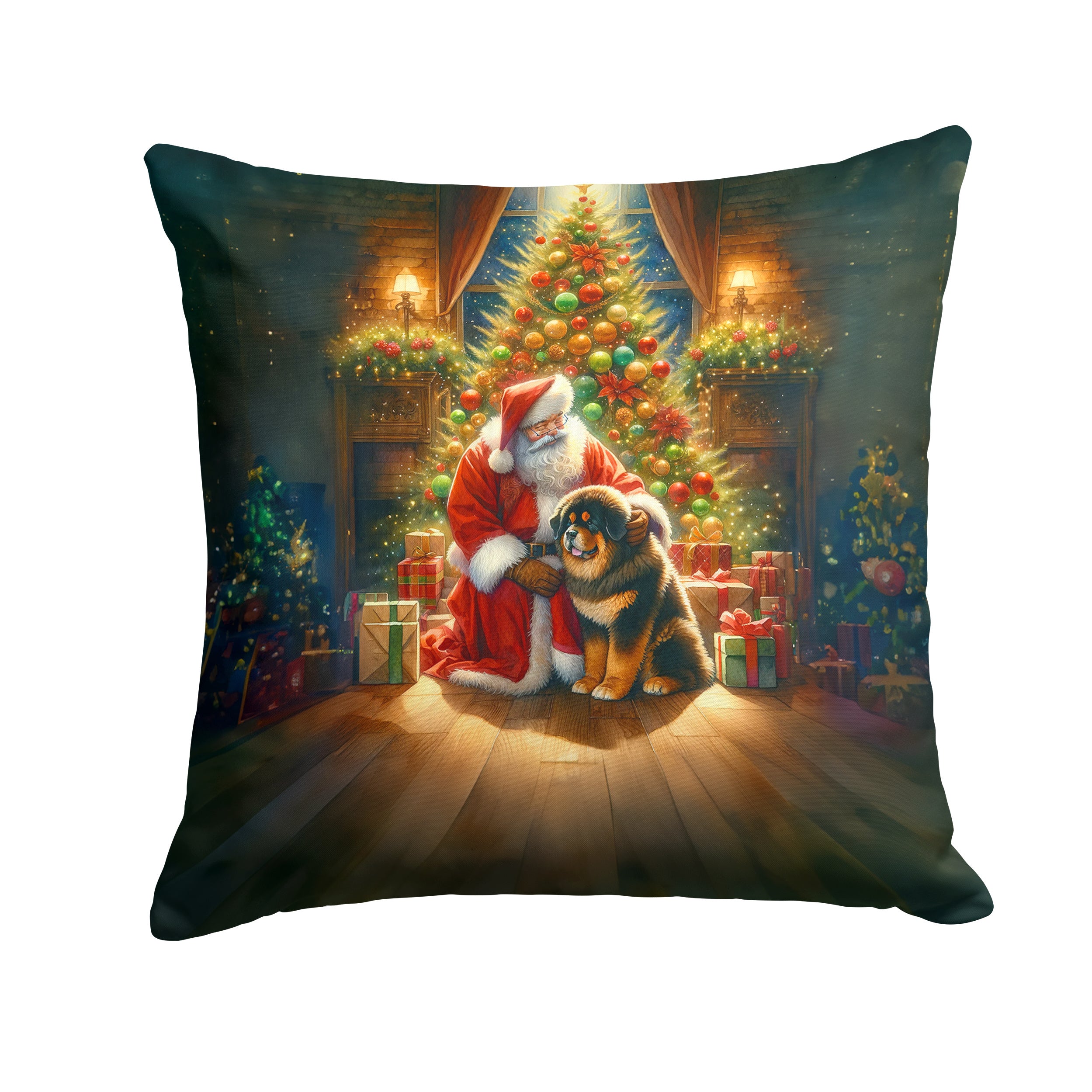 Tibetan Mastiff and Santa Claus Throw Pillow Machine Washable, Indoor Outdoor Decorative Pillow for Couch, Bed or Patio, 14Hx14W