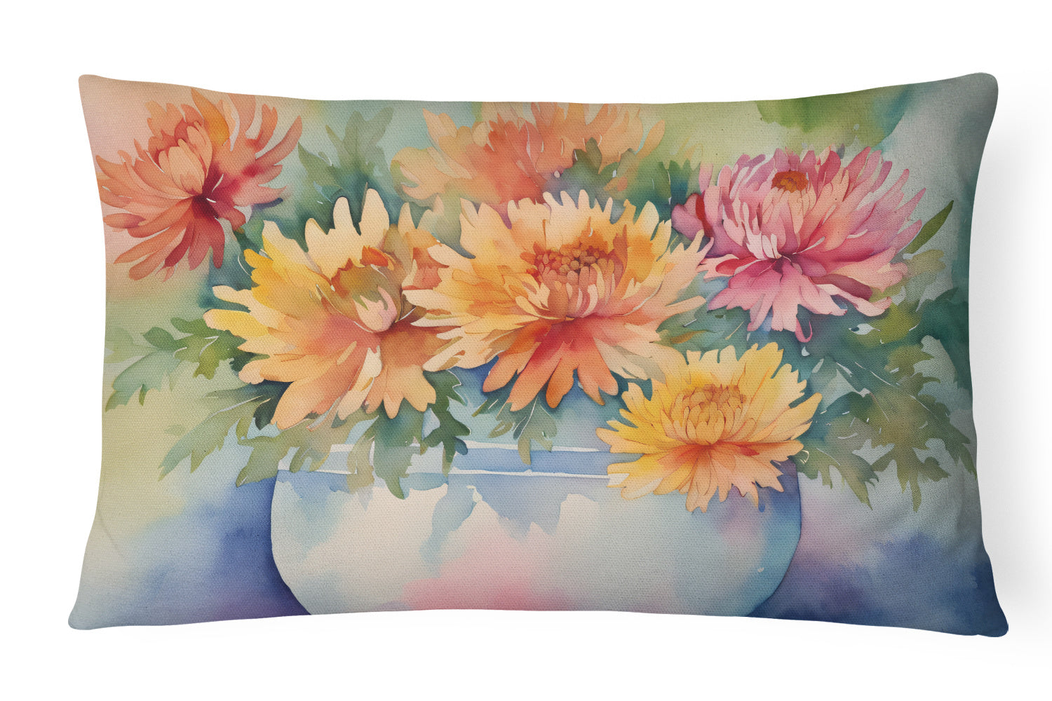 Flowers in Watercolor Throw Pillow Throw Pillow for Indoor Couch Bed Outdoor Patio Washable, Chrysanthemums 1553,12Hx16W