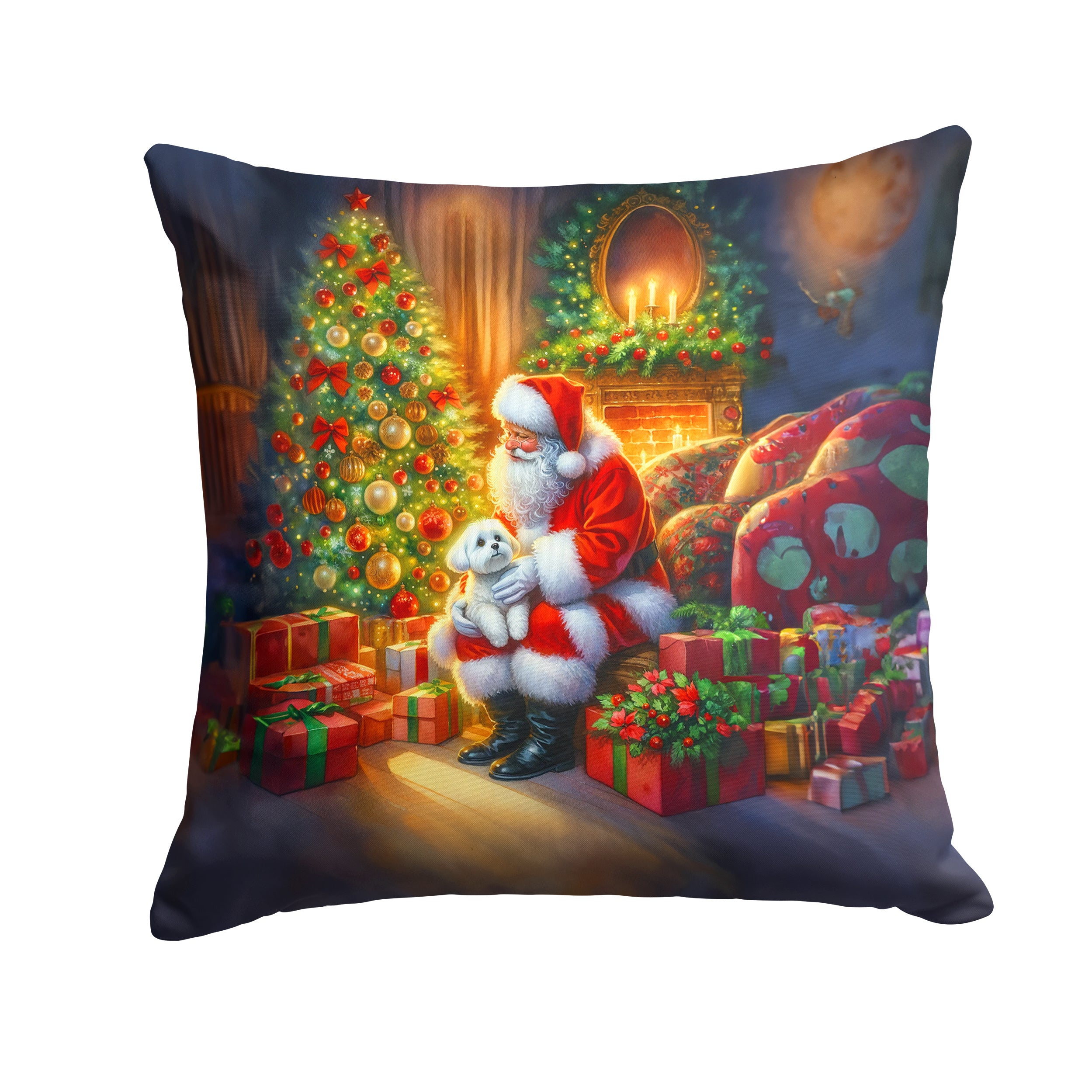 Maltese and Santa Claus Throw Pillow Machine Washable, Indoor Outdoor Decorative Pillow for Couch, Bed or Patio, 14Hx14W