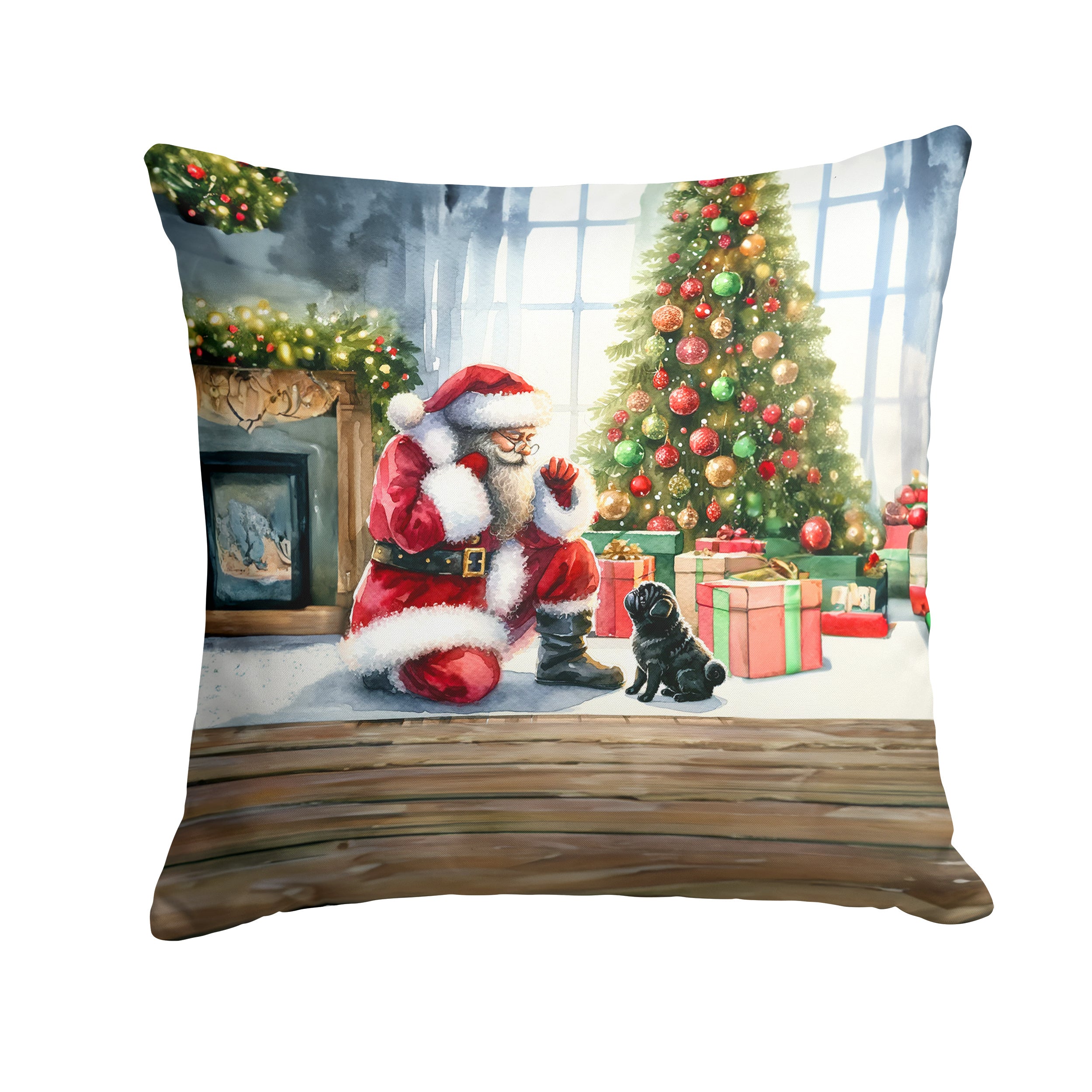 Black Pug and Santa Claus Throw Pillow Machine Washable, Indoor Outdoor Decorative Pillow for Couch, Bed or Patio, 14Hx14W