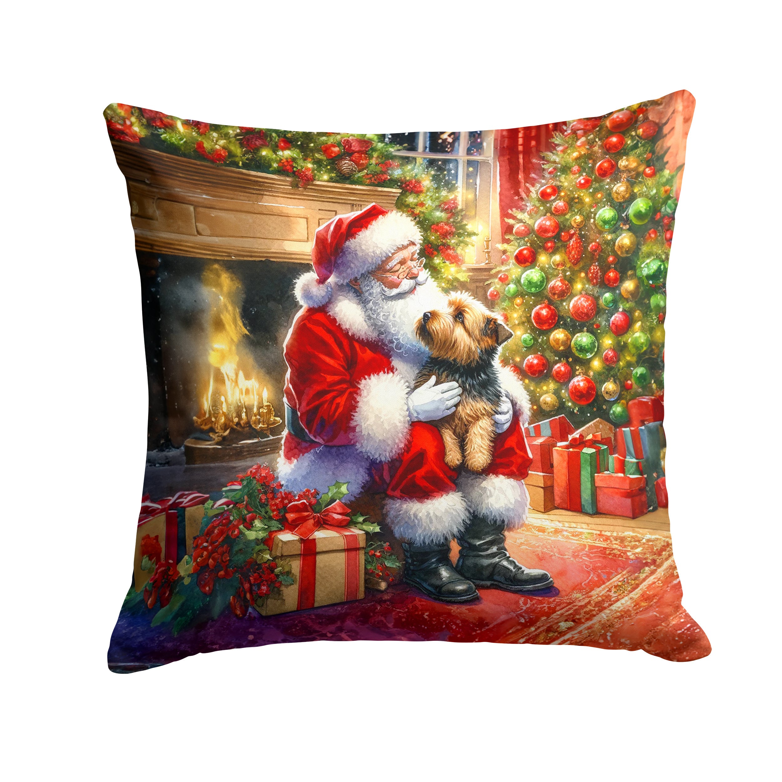 Norfolk Terrier and Santa Claus Throw Pillow Machine Washable, Indoor Outdoor Decorative Pillow for Couch, Bed or Patio, 14Hx14W