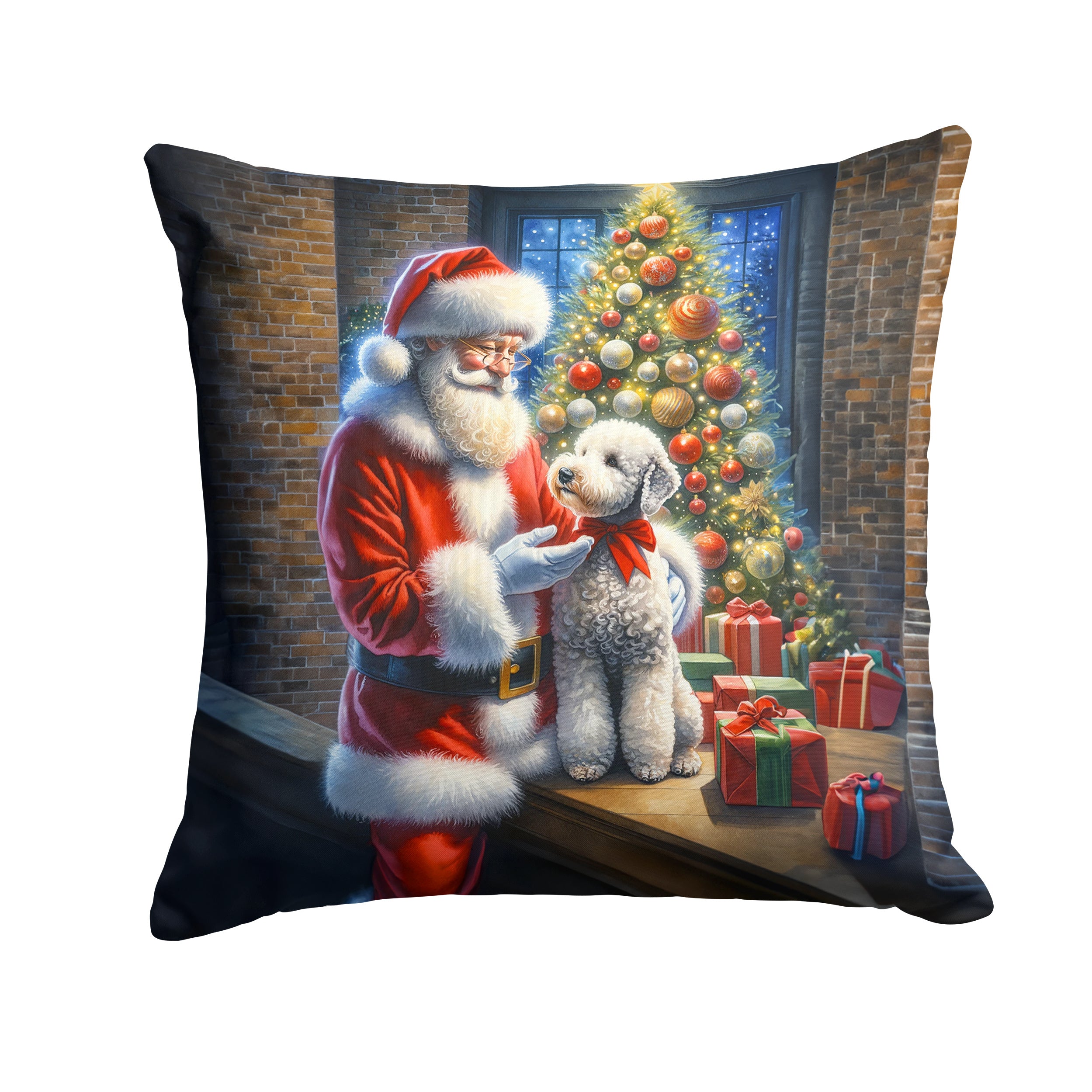 Bedlington Terrier and Santa Claus Throw Pillow Machine Washable, Indoor Outdoor Decorative Pillow for Couch, Bed or Patio, 14Hx14W