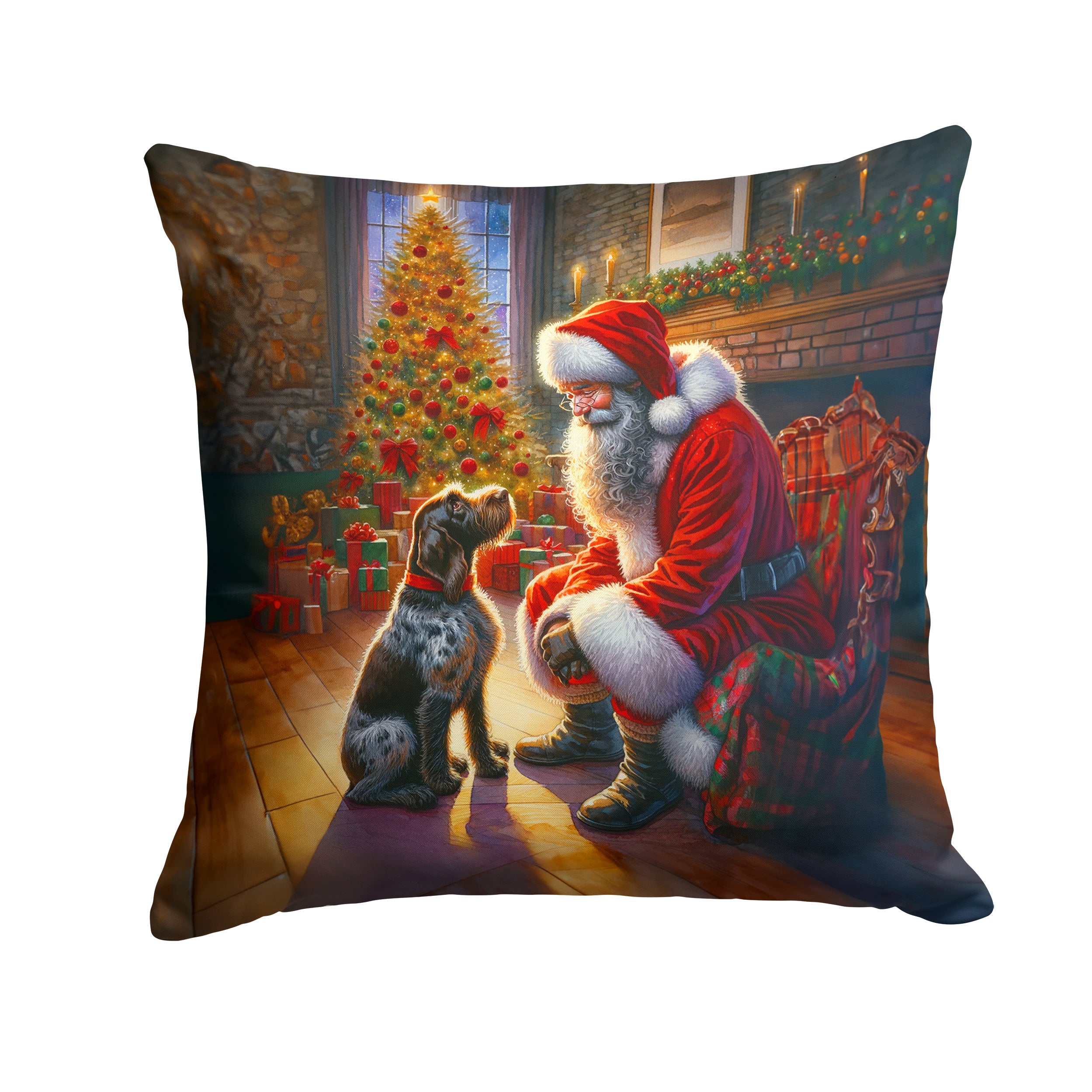 German Wirehaired Pointer and Santa Claus Throw Pillow Machine Washable, Indoor Outdoor Decorative Pillow for Couch, Bed or Patio, 14Hx14W