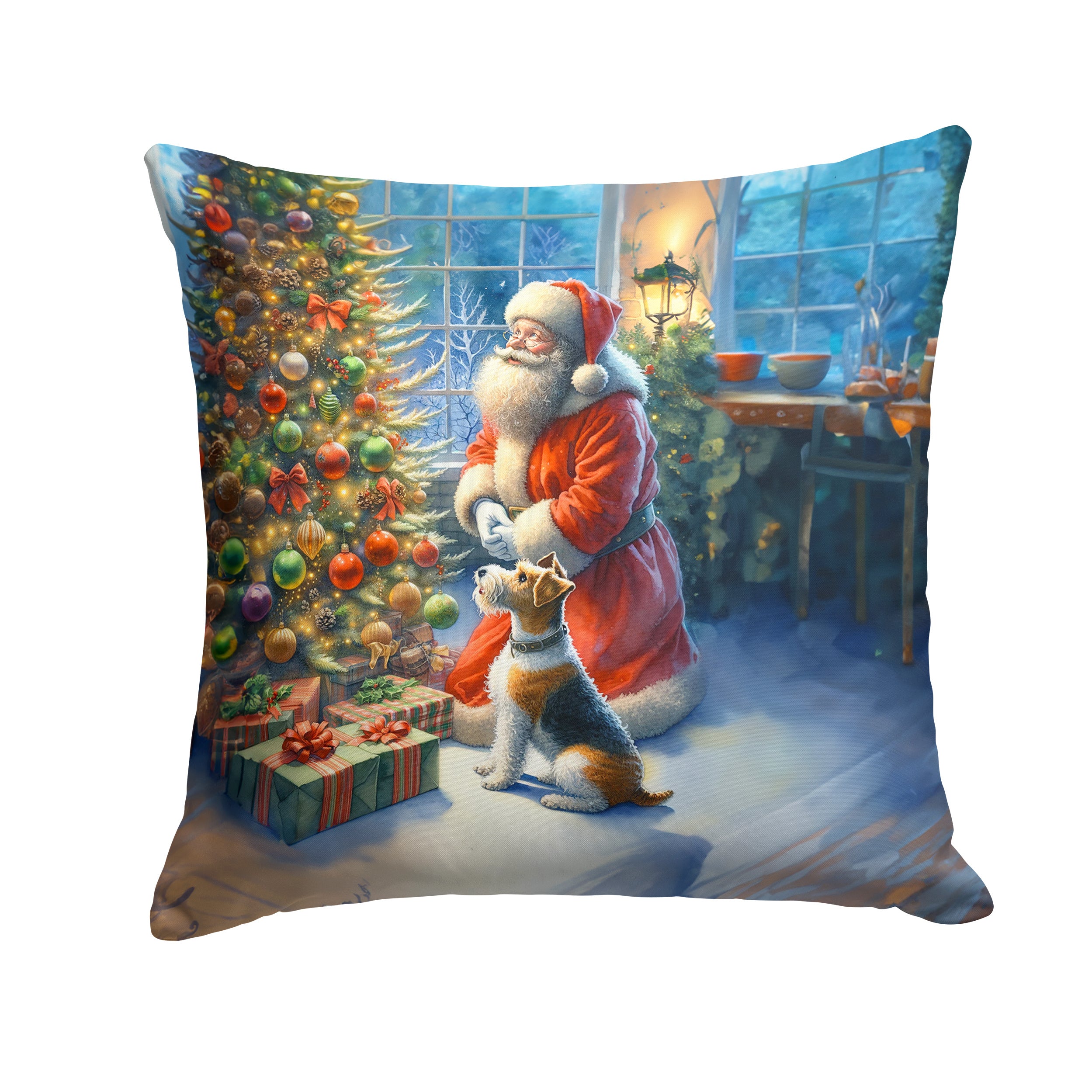 Fox Terrier and Santa Claus Throw Pillow Machine Washable, Indoor Outdoor Decorative Pillow for Couch, Bed or Patio, 14Hx14W