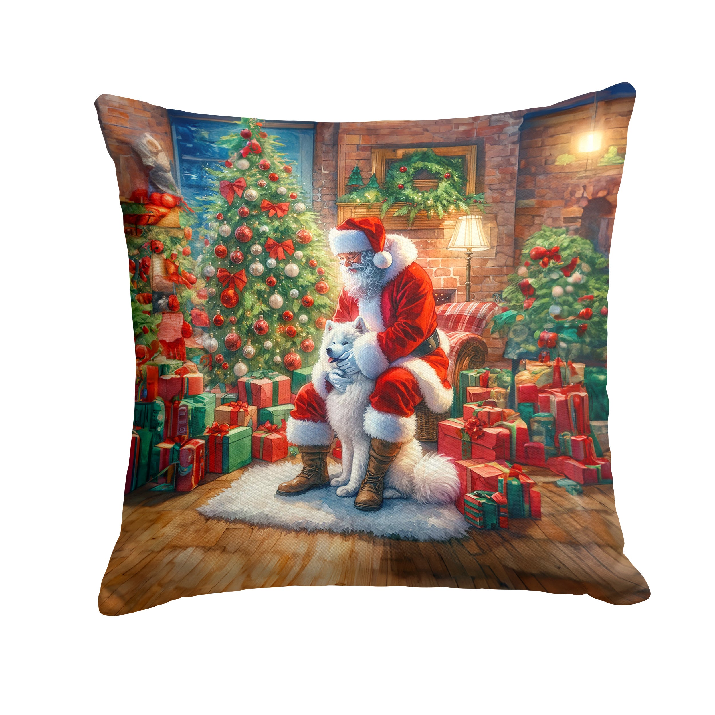 Samoyed and Santa Claus Throw Pillow Machine Washable, Indoor Outdoor Decorative Pillow for Couch, Bed or Patio, 14Hx14W