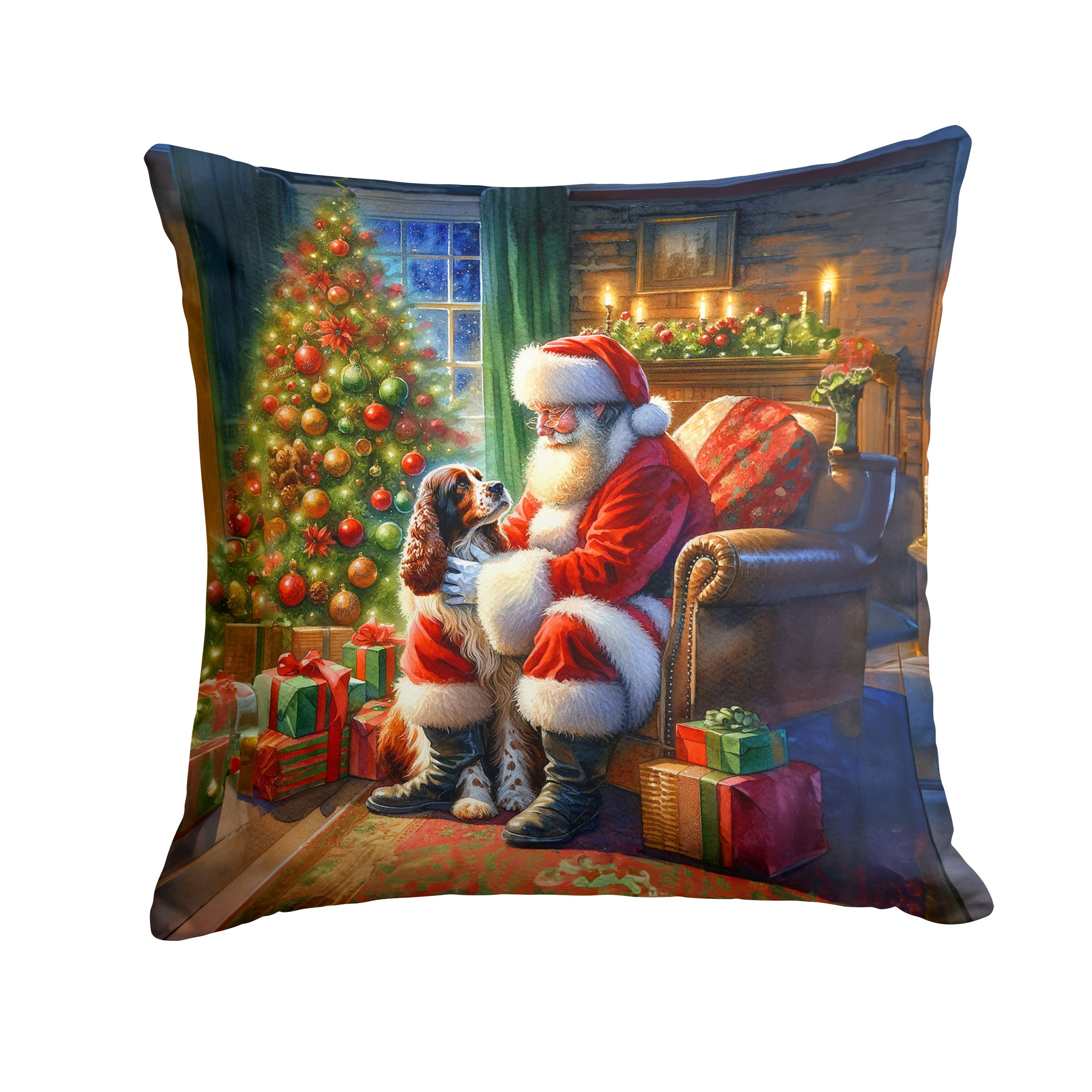 Welsh Springer Spaniel and Santa Claus Throw Pillow Machine Washable, Indoor Outdoor Decorative Pillow for Couch, Bed or Patio, 14Hx14W