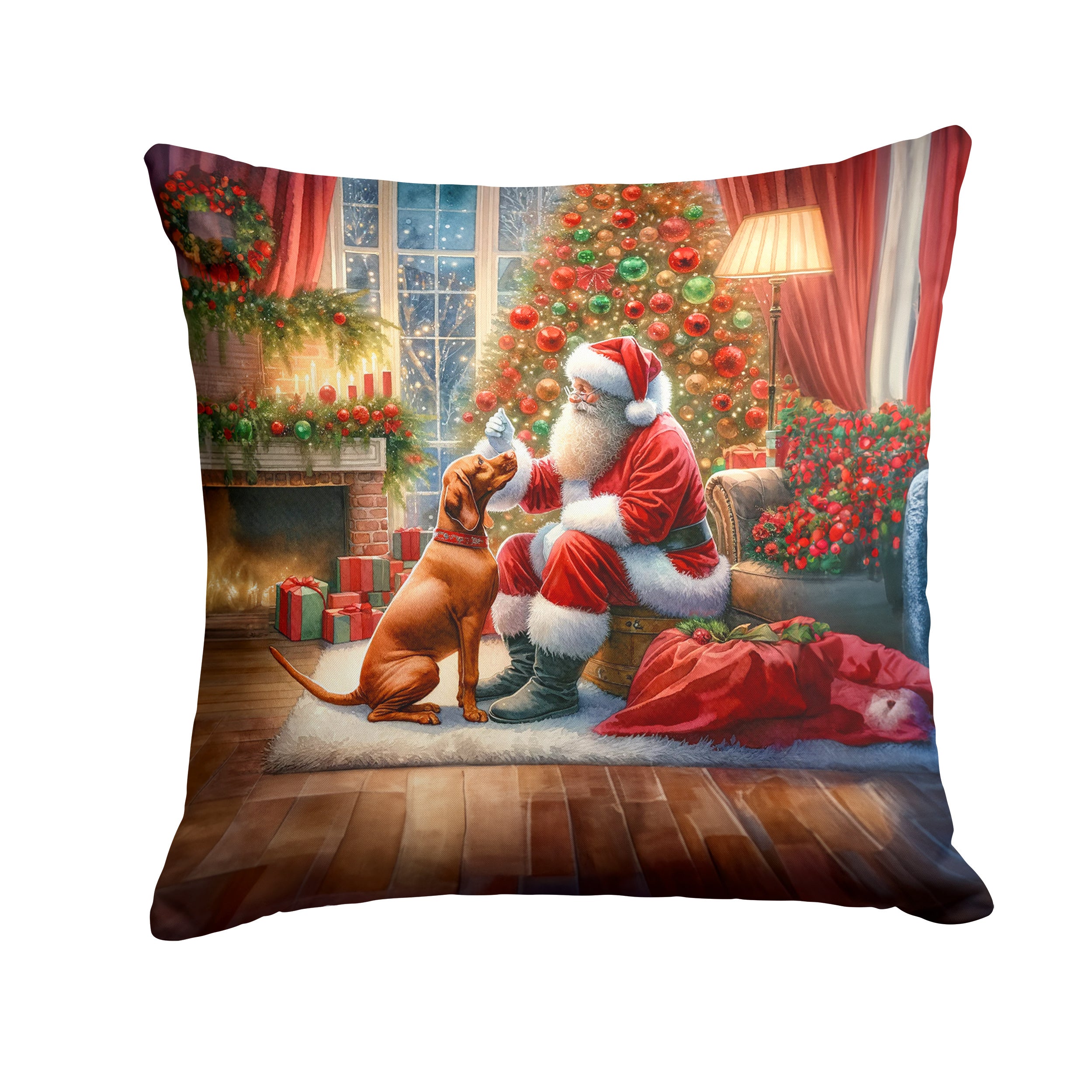 Vizsla and Santa Claus Throw Pillow Machine Washable, Indoor Outdoor Decorative Pillow for Couch, Bed or Patio, 14Hx14W