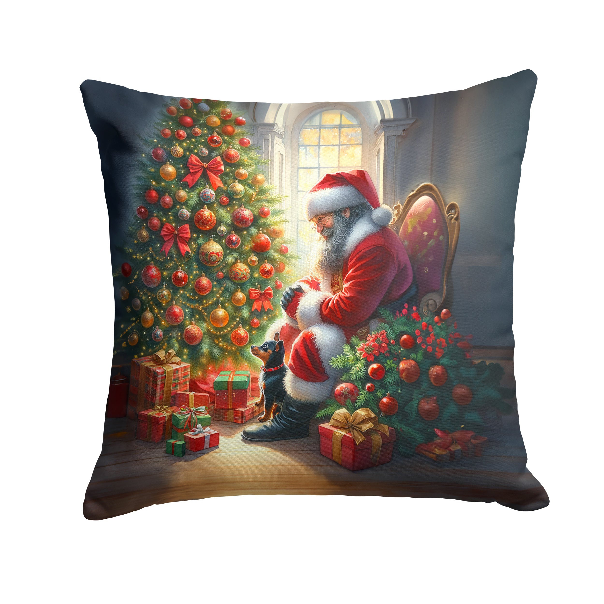 Miniature Pinscher and Santa Claus Throw Pillow Machine Washable, Indoor Outdoor Decorative Pillow for Couch, Bed or Patio, 14Hx14W