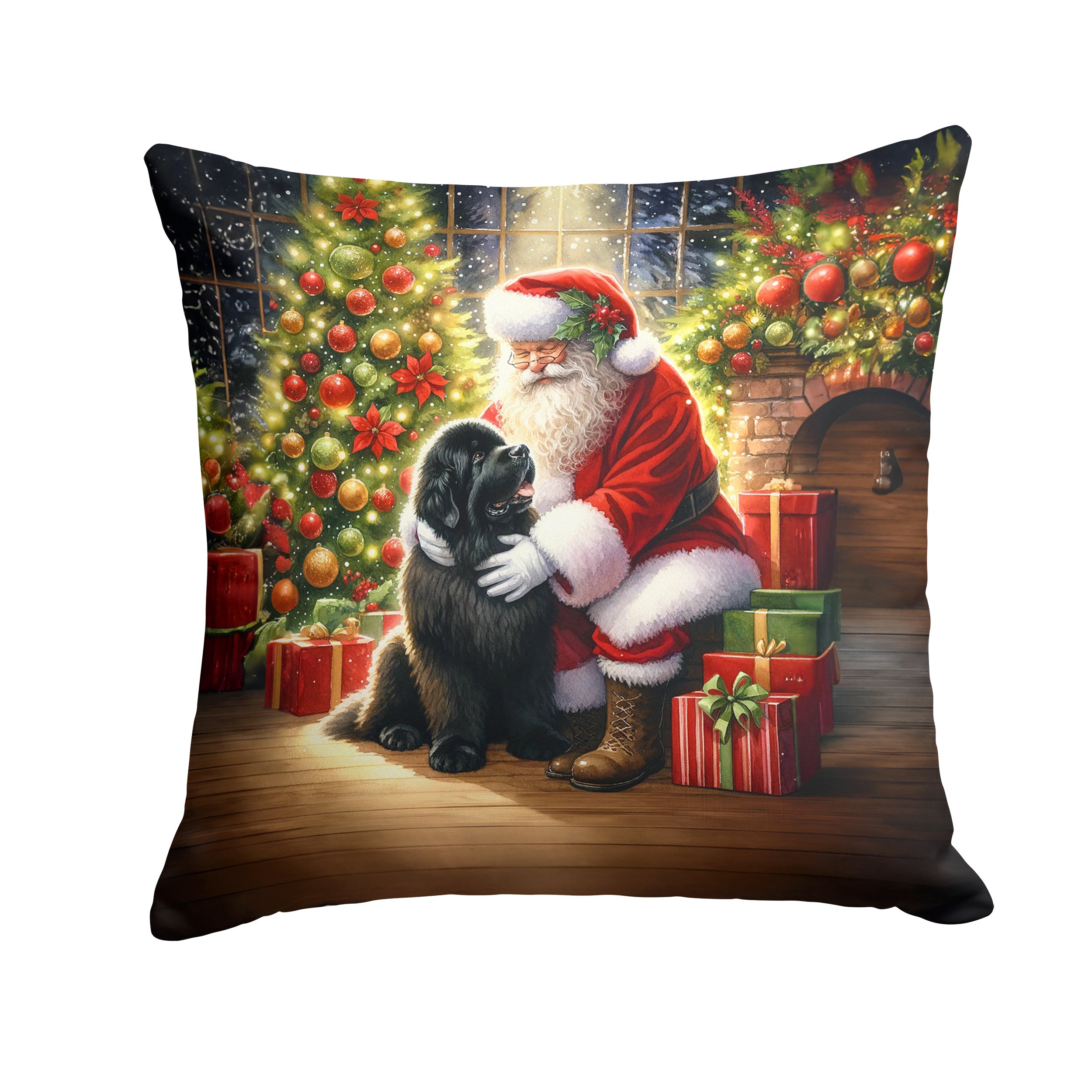 Newfoundland and Santa Claus Throw Pillow Machine Washable, Indoor Outdoor Decorative Pillow for Couch, Bed or Patio, 14Hx14W