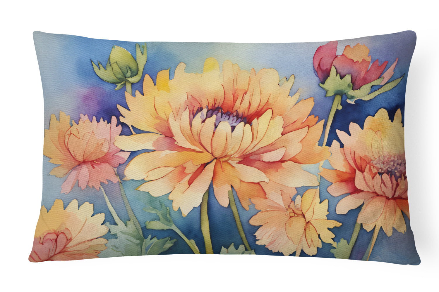 Flowers in Watercolor Throw Pillow Throw Pillow for Indoor Couch Bed Outdoor Patio Washable, Chrysanthemums 1551,12Hx16W