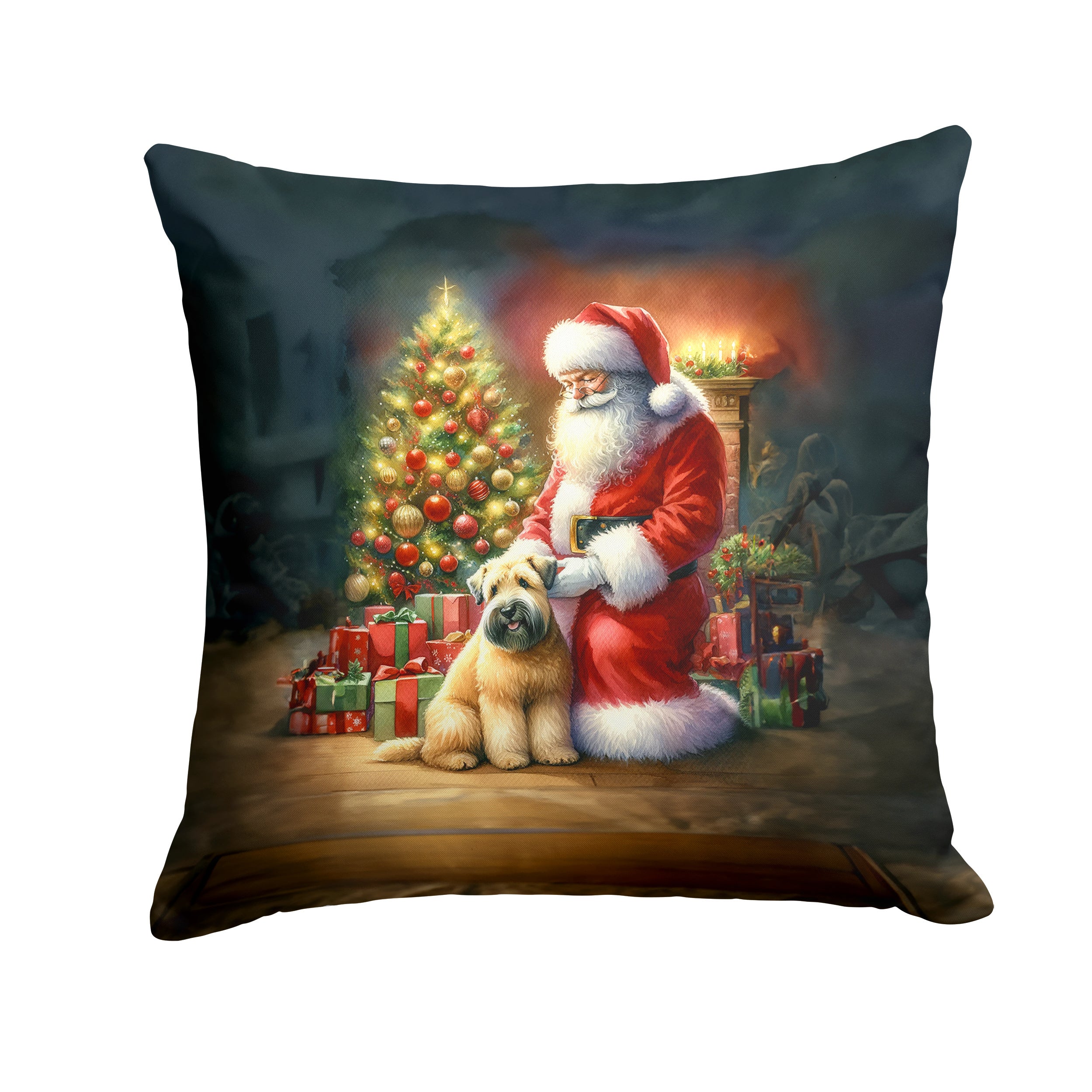 Wheaten Terrier and Santa Claus Throw Pillow Machine Washable, Indoor Outdoor Decorative Pillow for Couch, Bed or Patio, 14Hx14W