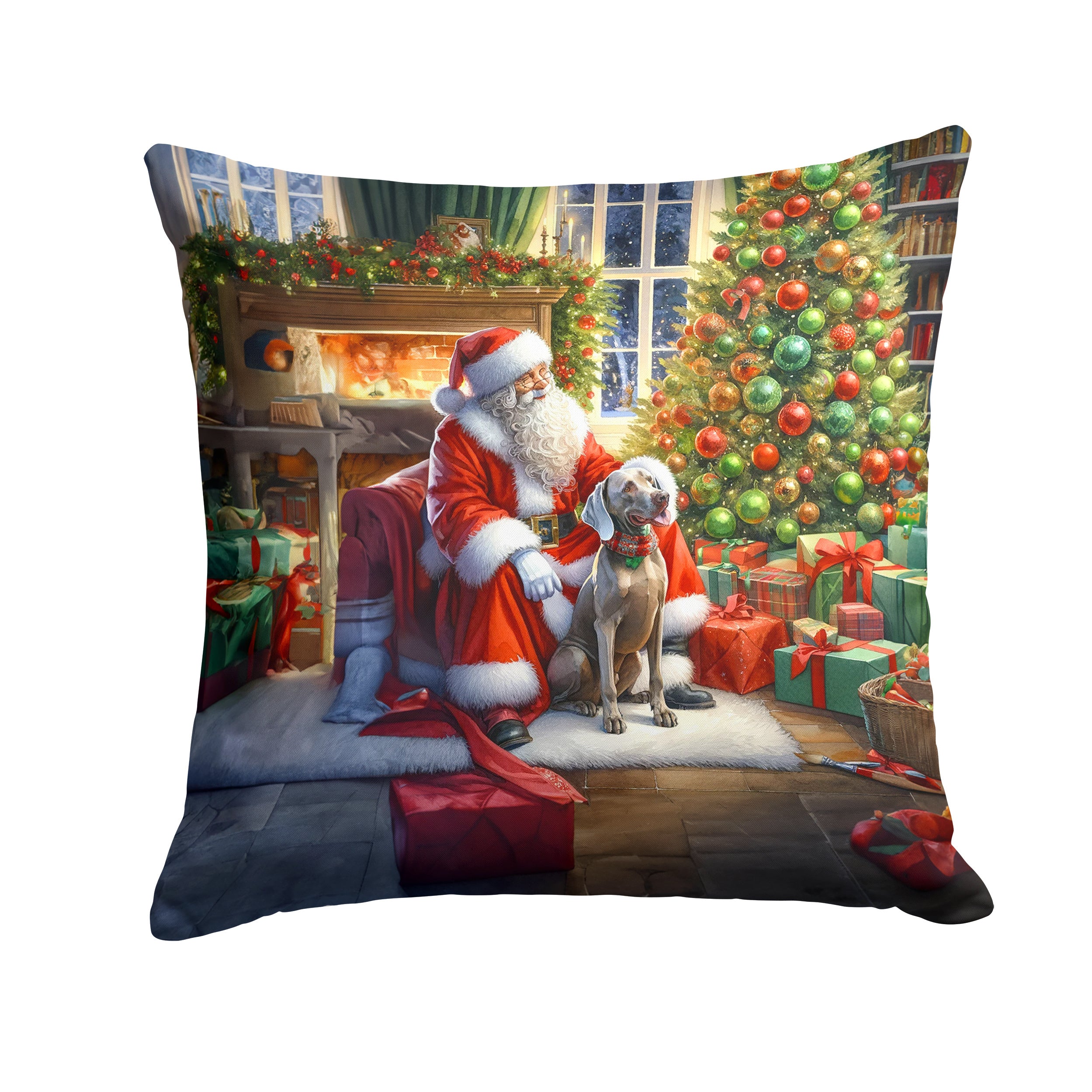 Weimaraner and Santa Claus Throw Pillow Machine Washable, Indoor Outdoor Decorative Pillow for Couch, Bed or Patio, 14Hx14W